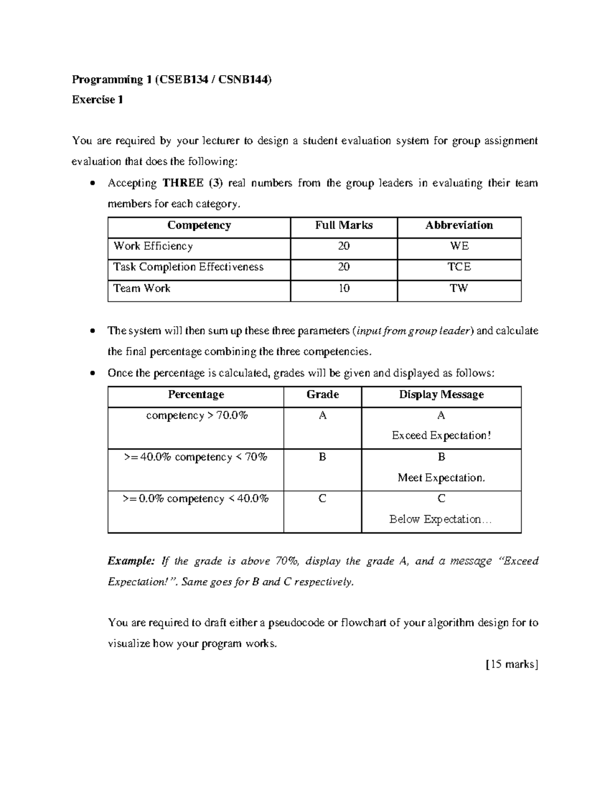 Exercise 1 - Warning: TT: Undefined Function: 32 Programming 1 (CSEB134 ...