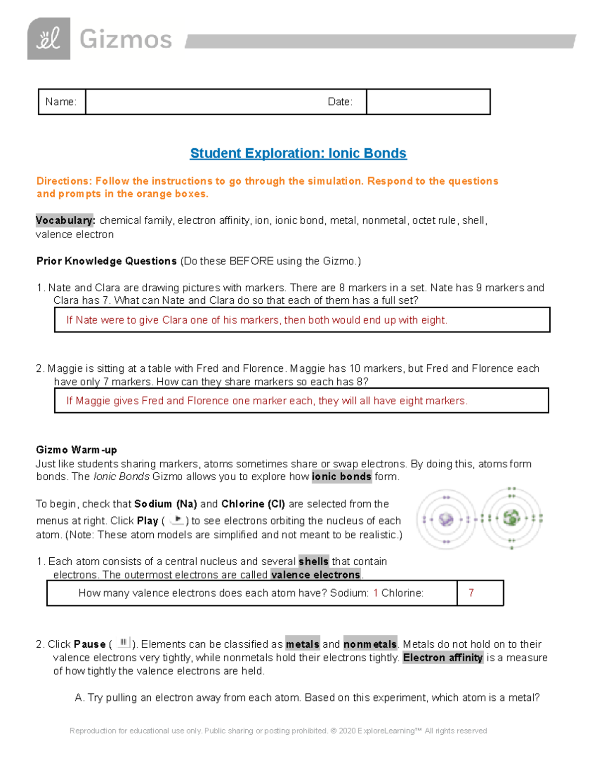 Covalent Bonds Gizmo - Name: Date: Student Exploration: Ionic Bonds ...