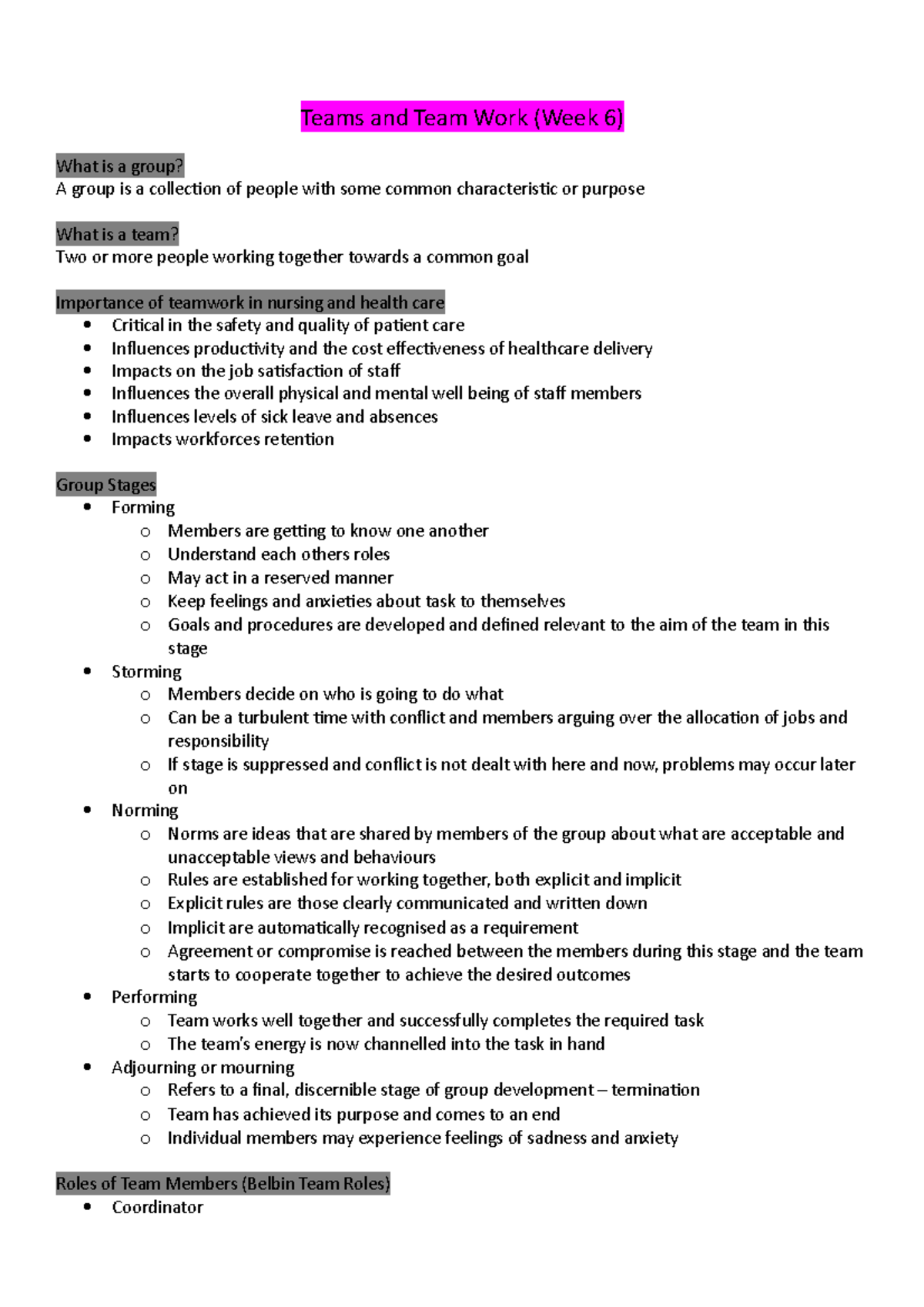 Teams and Team Work - Lecture notes 6 - Teams and Team Work (Week 6 ...
