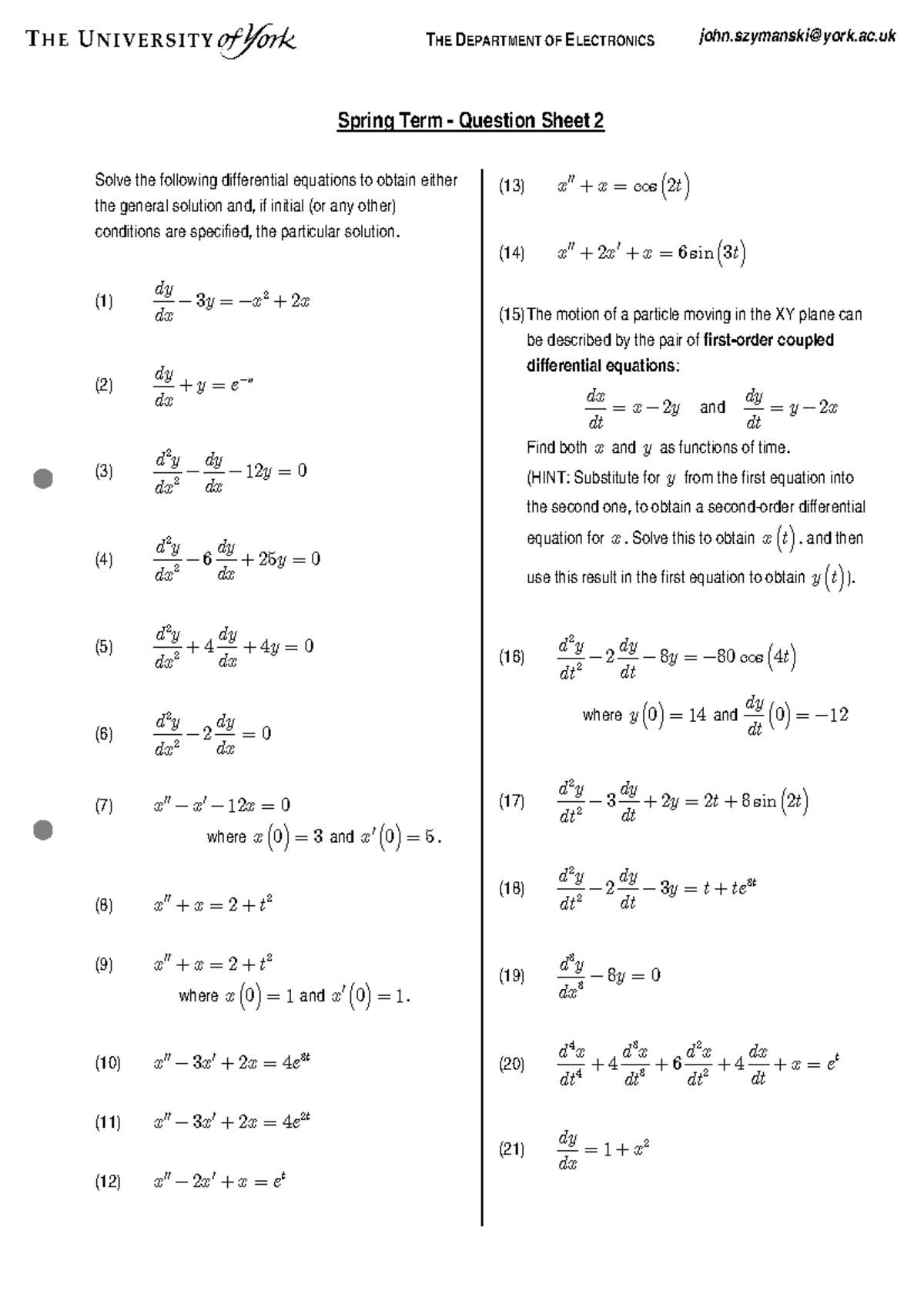 Spring Question Sheet 2 with worked solutions - THE DEPARTMENT OF ...