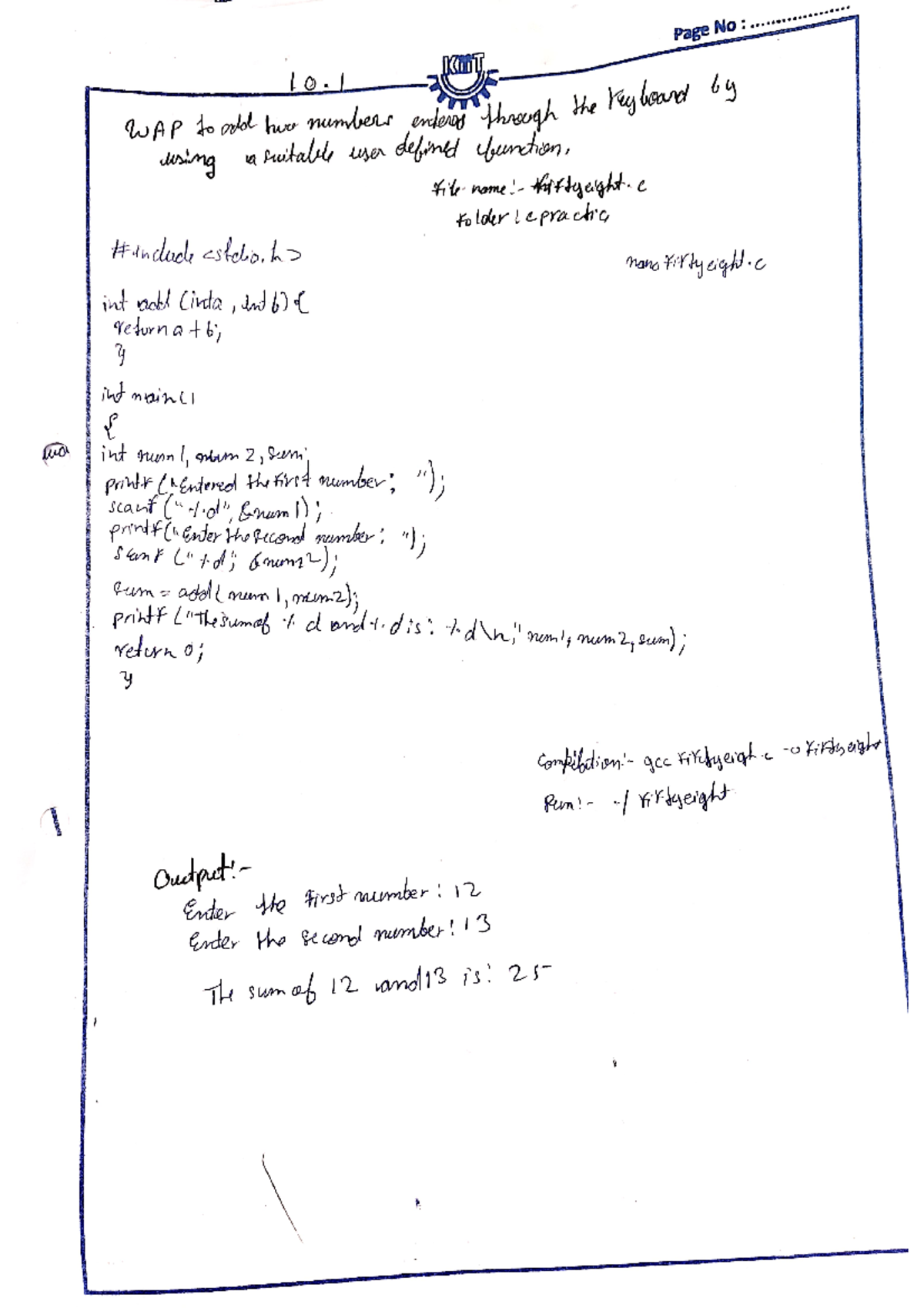 Programming file 58-67 - page No: WAP to add two numbers entered ...