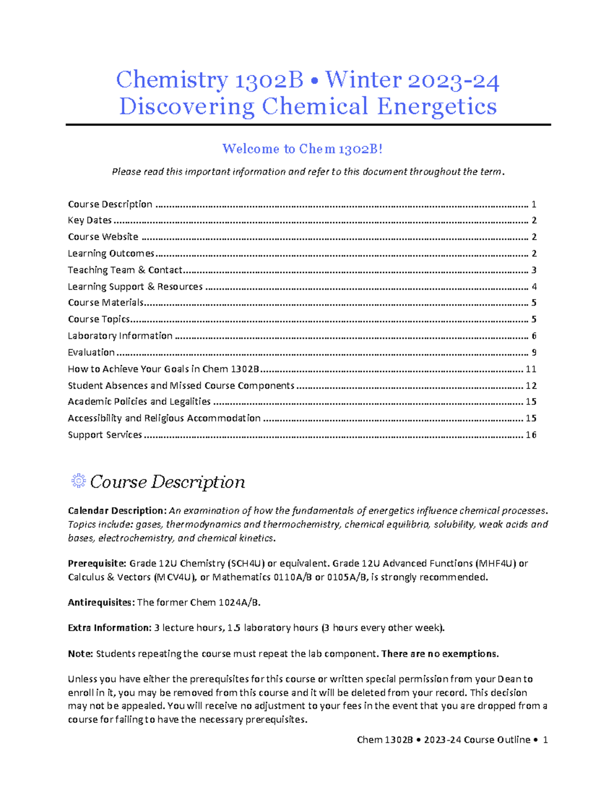 Course Outline FW 2023 24 - Chemistry 130 2B • Winter 2023 - 24 ...