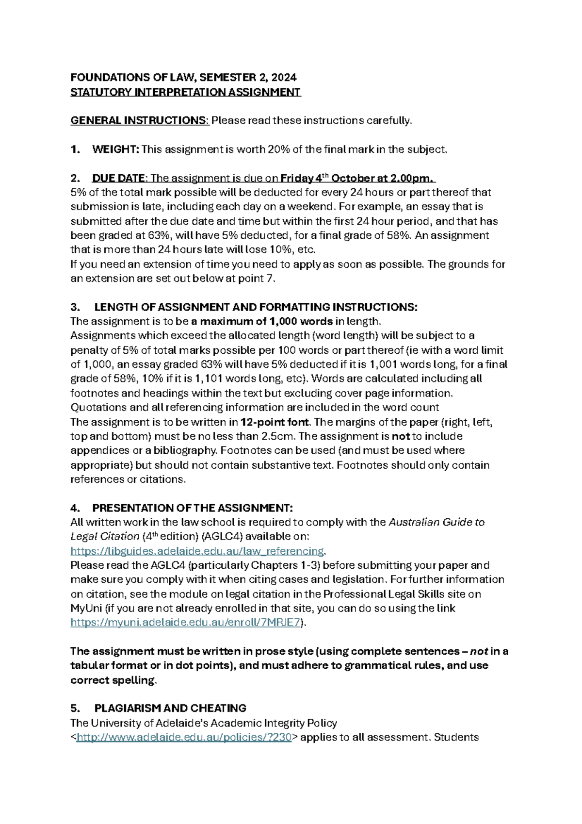 Fo L Statutory Interpretation Assignment Sem 2 2024 - FOUNDATIONS OF ...