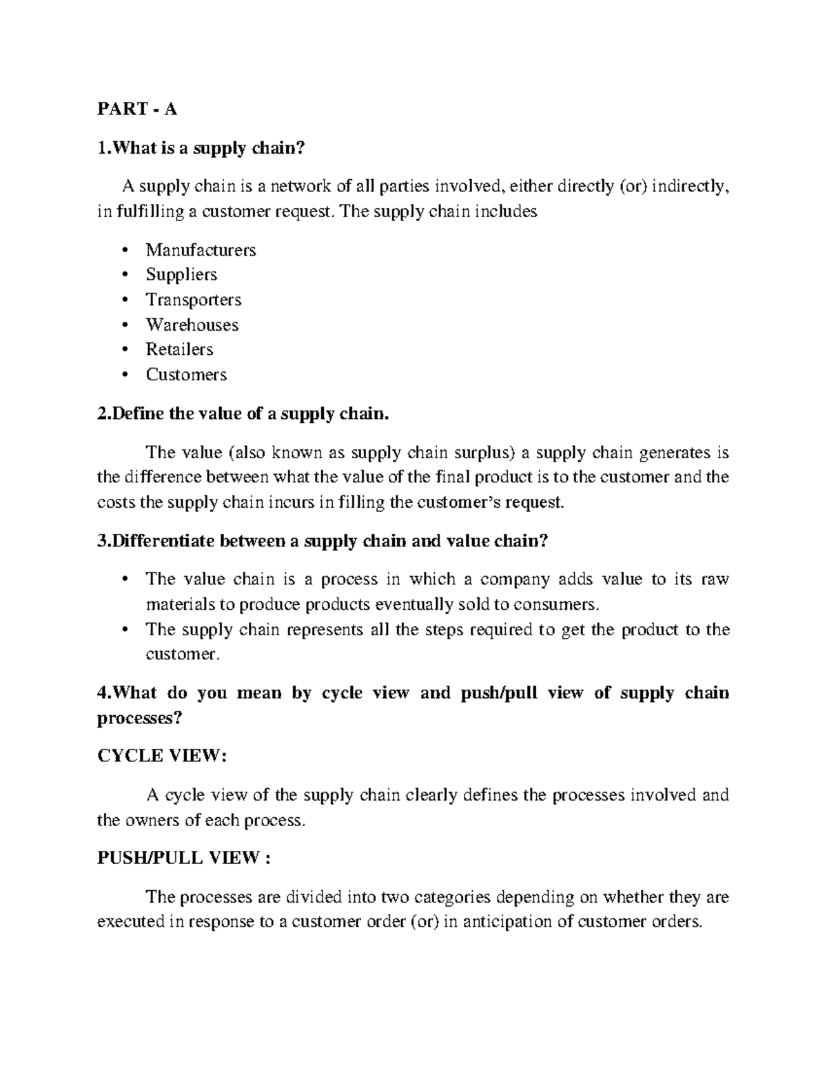 SCM - Notes about scm - PART - A 1 is a supply chain? A supply chain is ...