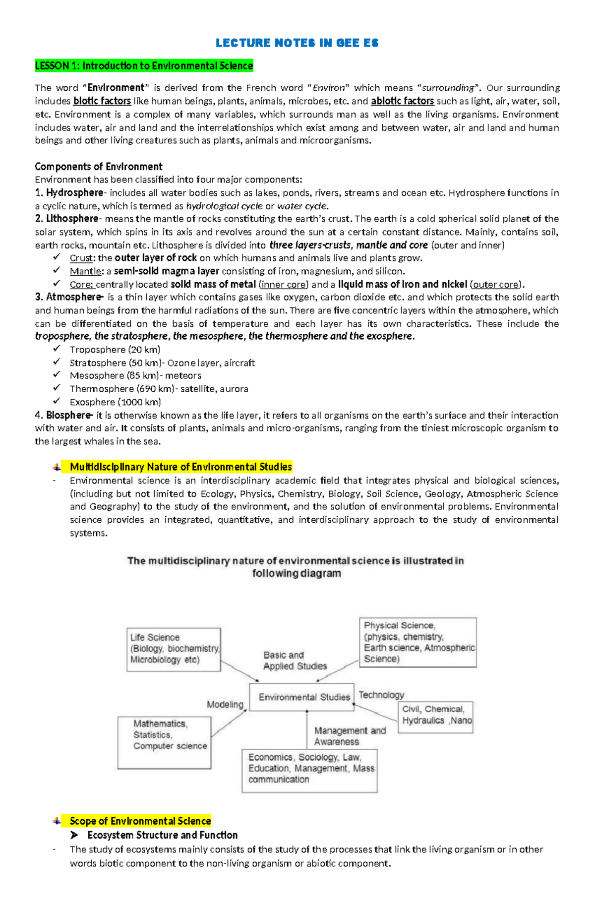 Notes IN GEE ES - LECTURE NOTES IN GEE ES LESSON 1: Introduction to ...