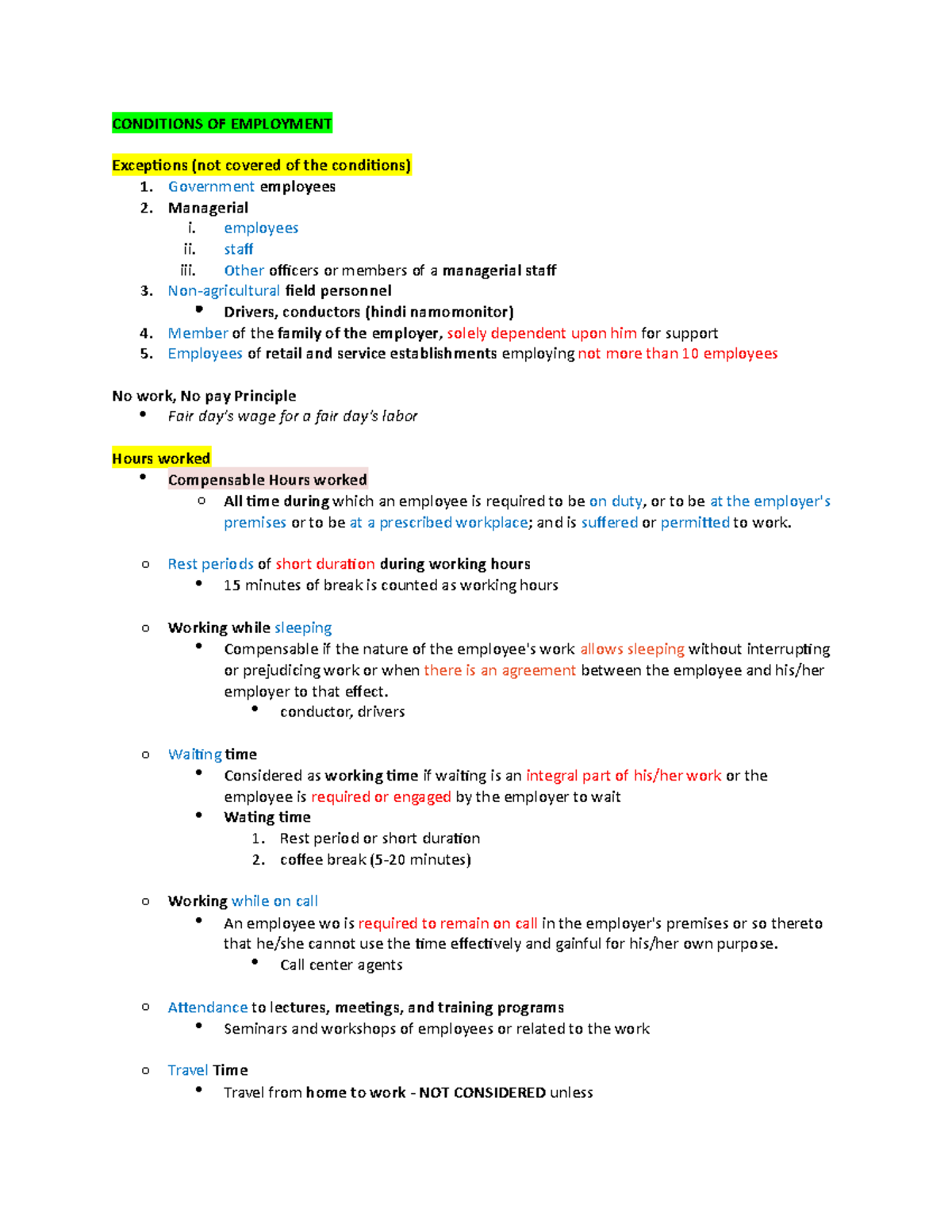 Labor Law - CONDITIONS OF EMPLOYMENT Exceptions (not covered of the ...