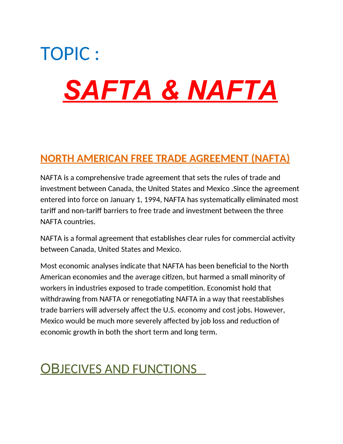 Safta & Nafta - TOPIC : SAFTA & NAFTA NORTH AMERICAN FREE TRADE ...