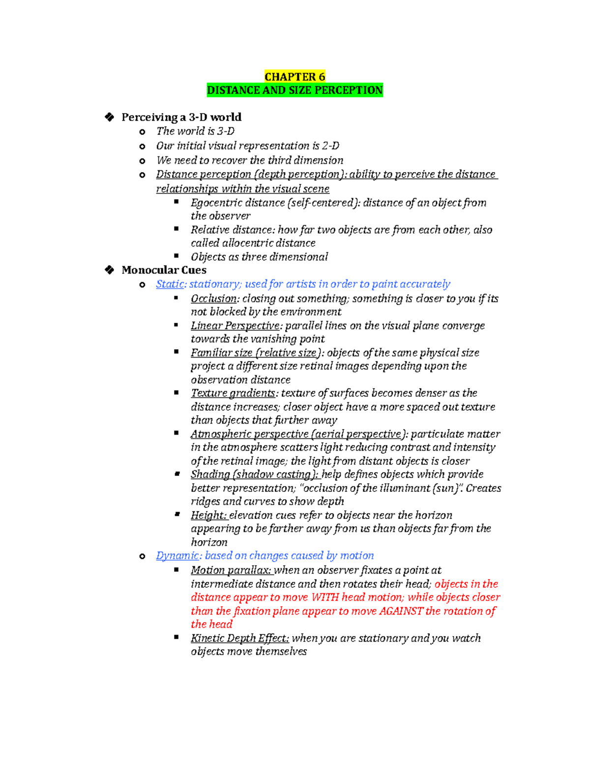 Chapter 6 - Lecture notes 6 - CHAPTER 6 DISTANCE AND SIZE PERCEPTION ...