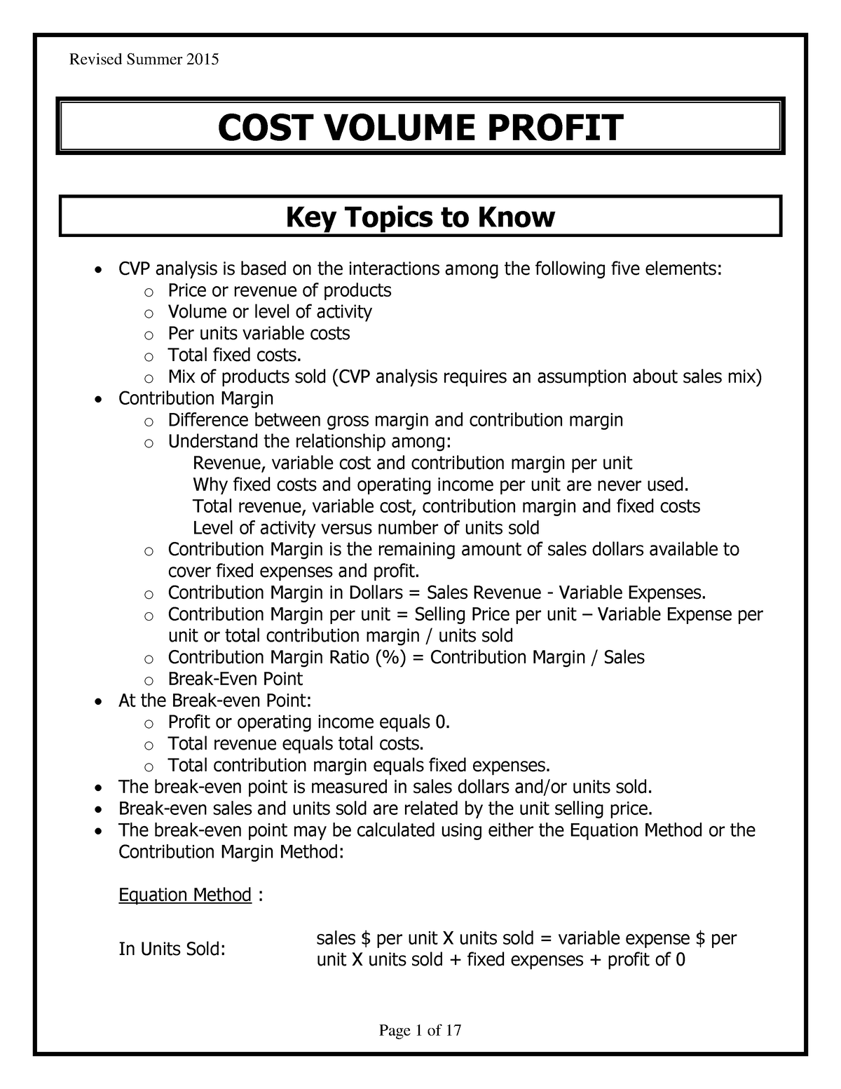 Cost Volume Profit ER - CVP ER Prelim Topic - COST VOLUME PROFIT Key ...