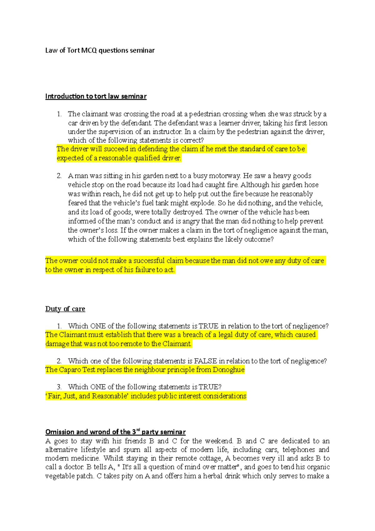 Law Of Tort MCQ - Lecture Notes 1-9 - Law Of Tort MCQ Questions Seminar ...