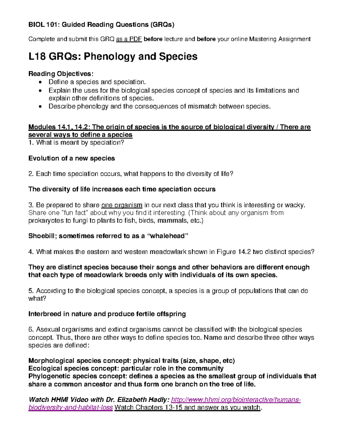 Lesson 18 GRQs Species, Biodiversity and Phenology BIOL 101 Guided