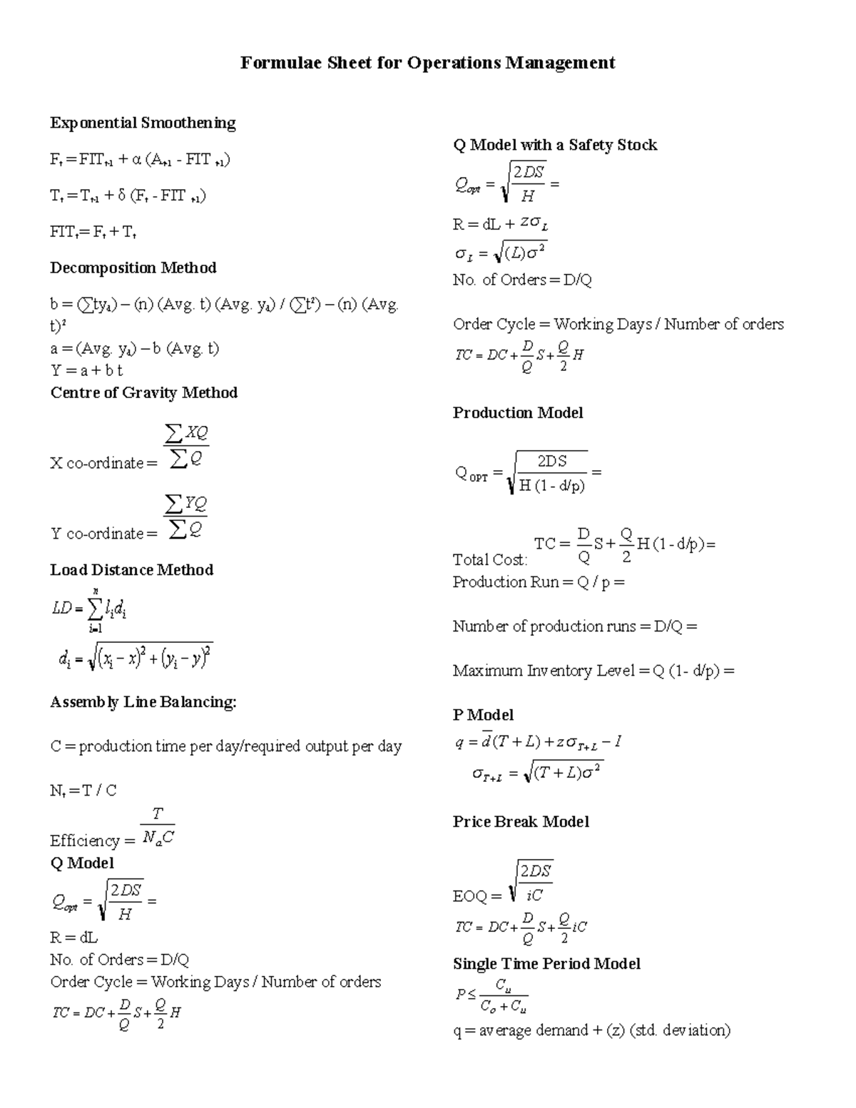 Formula sheets - no - Formulae Sheet for Operations Management ...