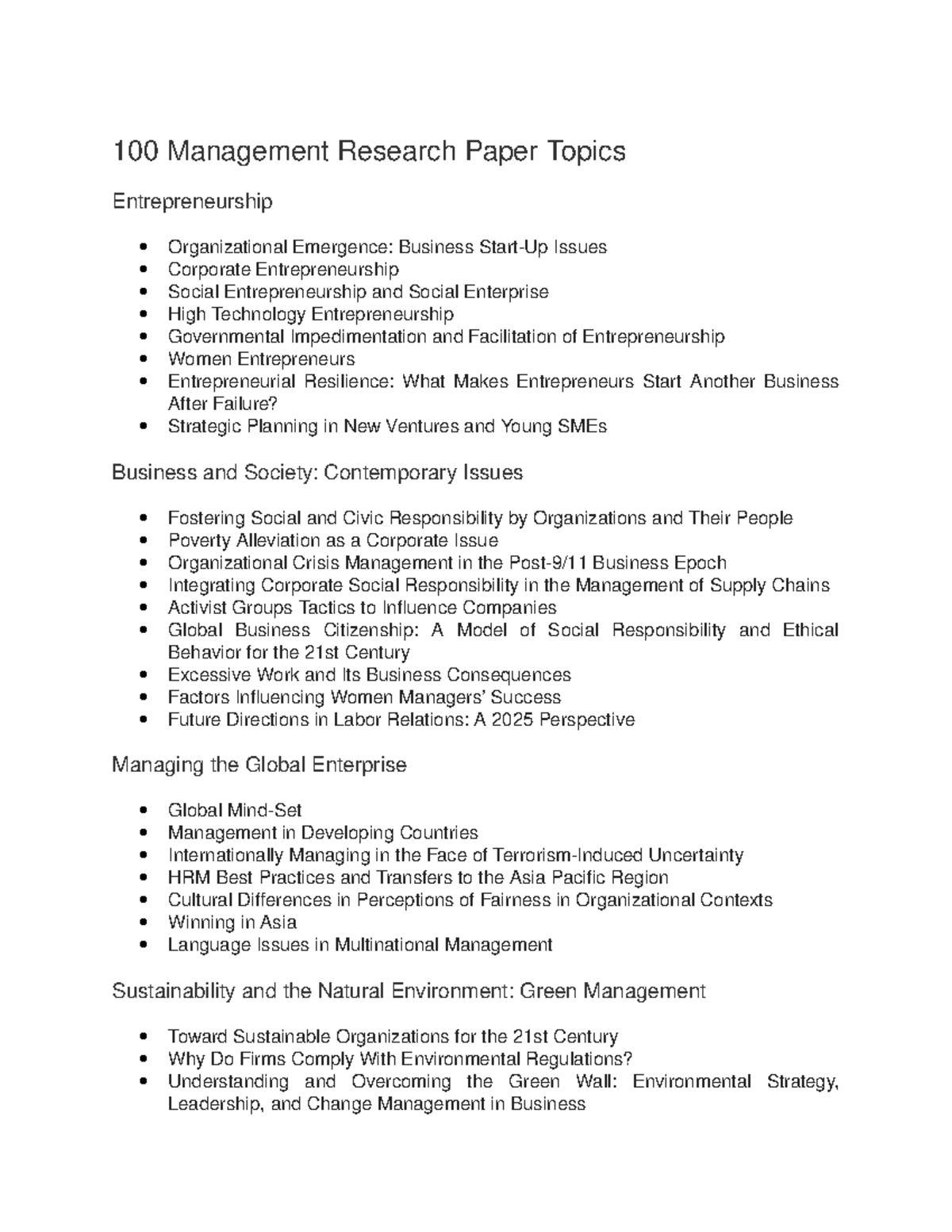 management research topics for undergraduates