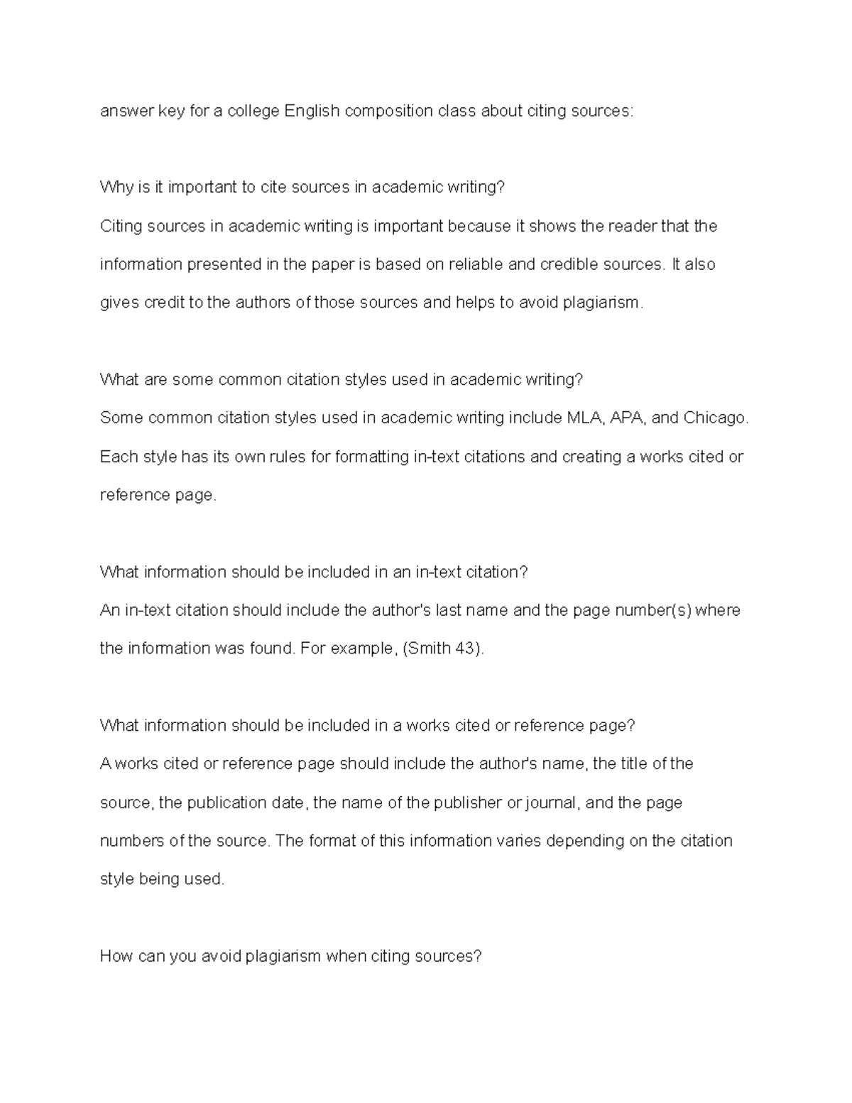 Answer key for a English composition class about citing sources ...