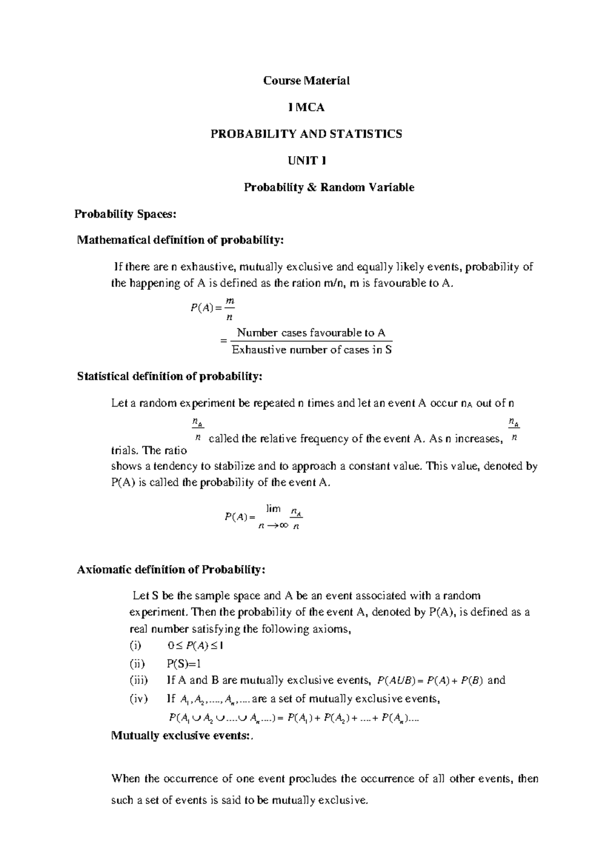 Probability AND Statistics Notes - Course Material I MCA PROBABILITY ...