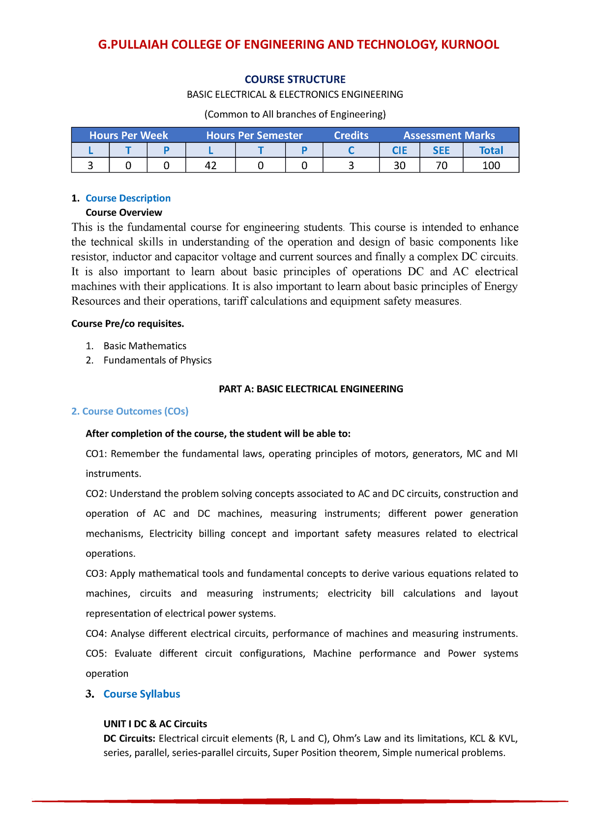 BEEE - It Is Syllabus - COURSE STRUCTURE BASIC ELECTRICAL & ELECTRONICS ...