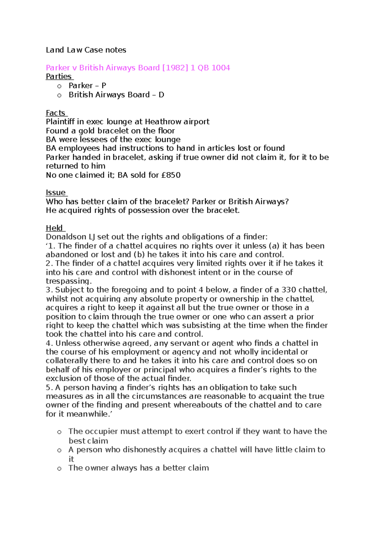 Land Law Case notes part 1 Land Law Case notes Parker v British