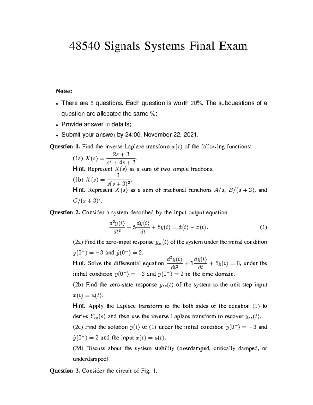 assignment questions on signals and systems