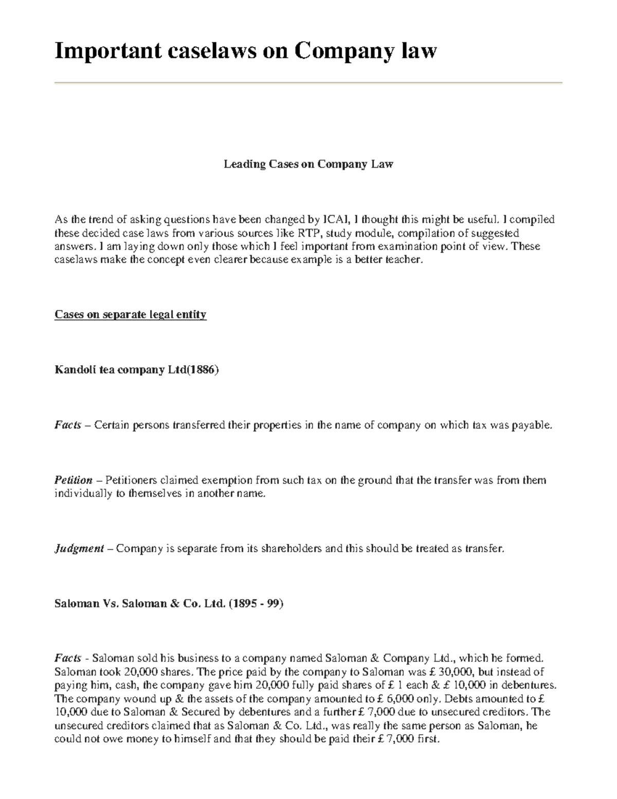 Important caselaws on Company law Leadin Important caselaws on Company law Leading Cases on