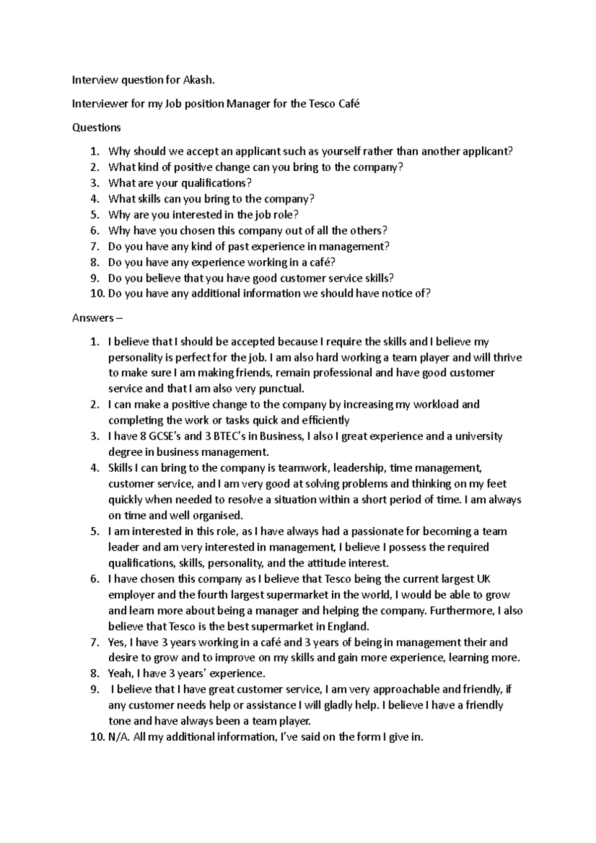 Interviewer questions for the roleplay - Interview question for Akash ...