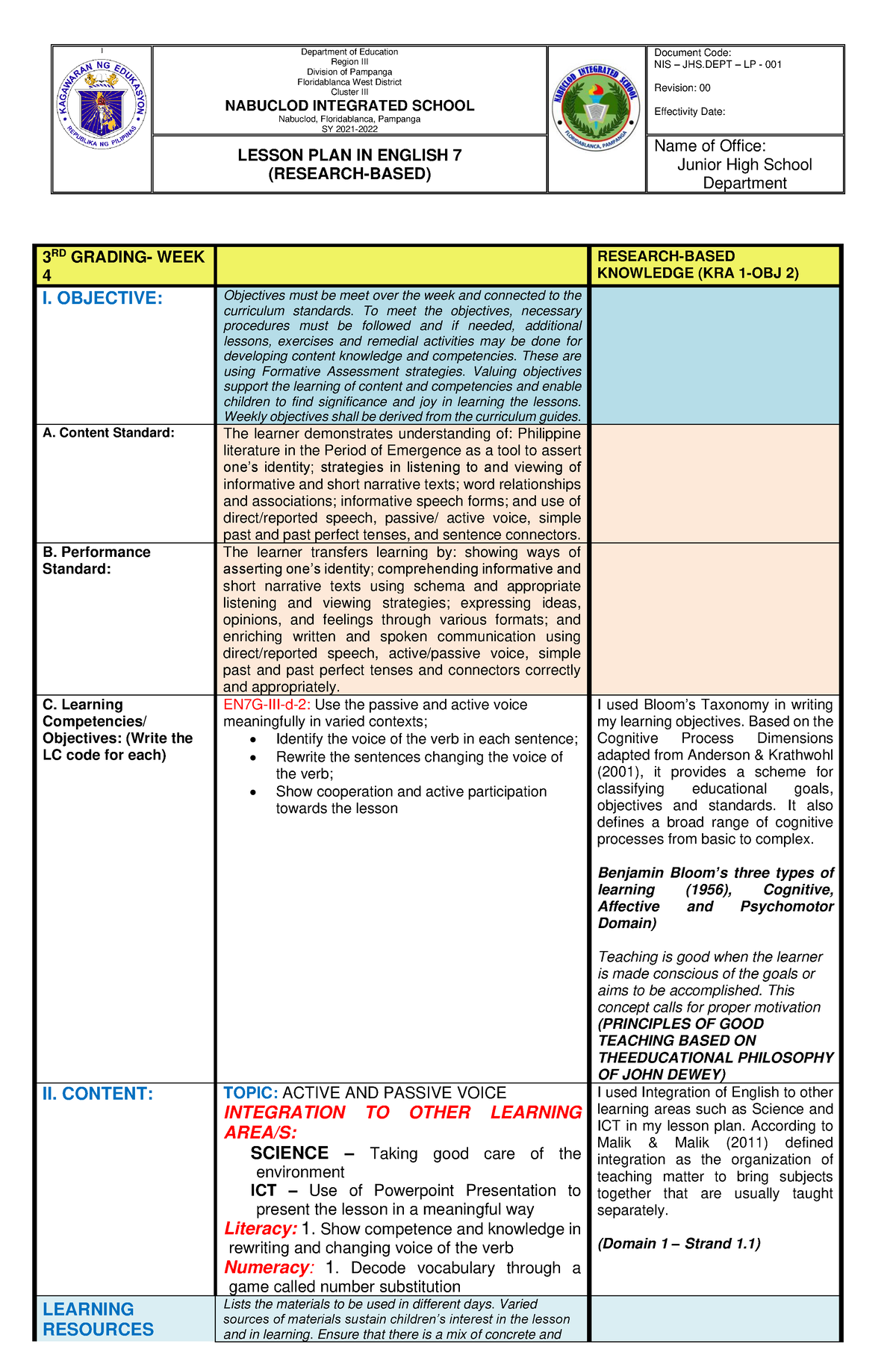 examples of research based knowledge in lesson plan