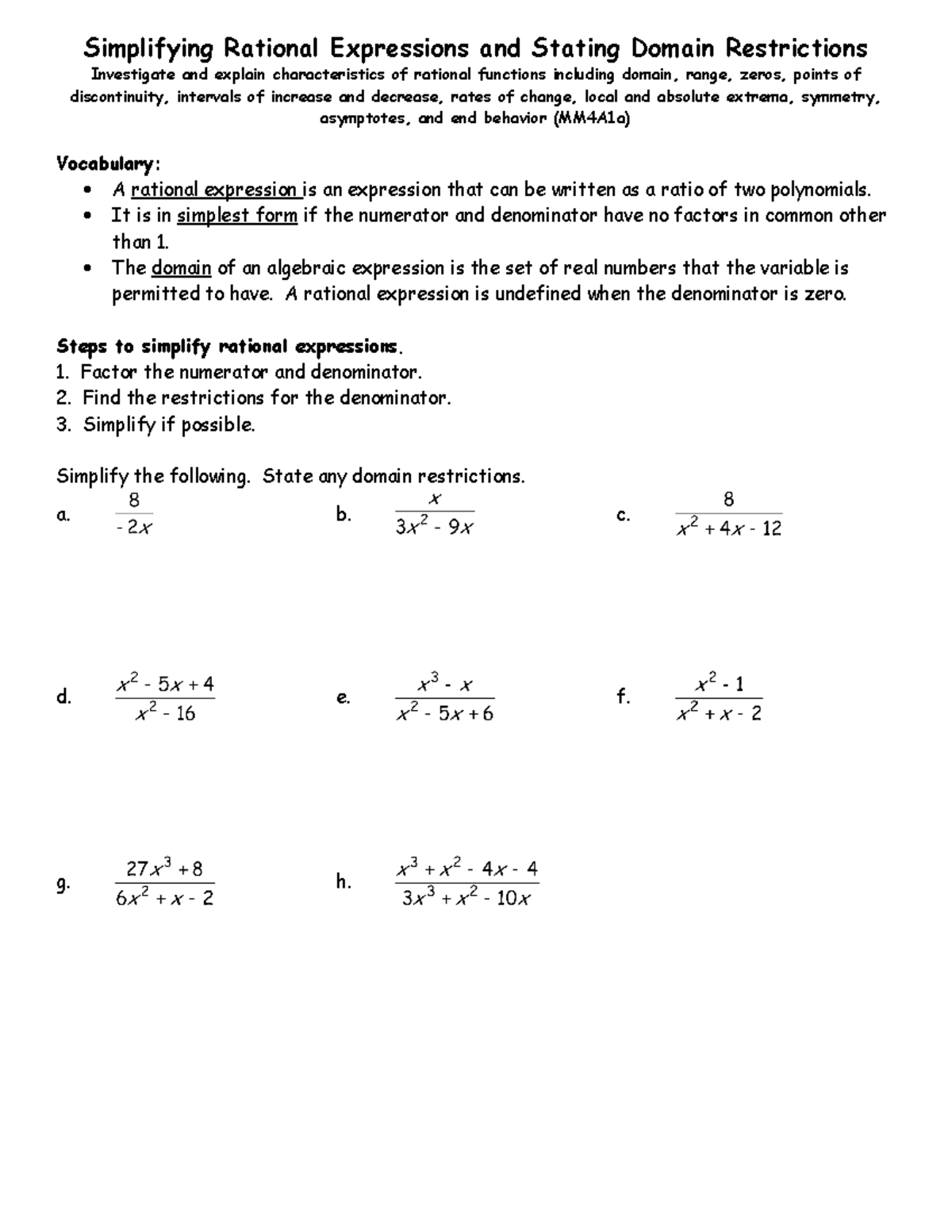 Rational functions -Notes - Simplifying Rational Expressions and ...