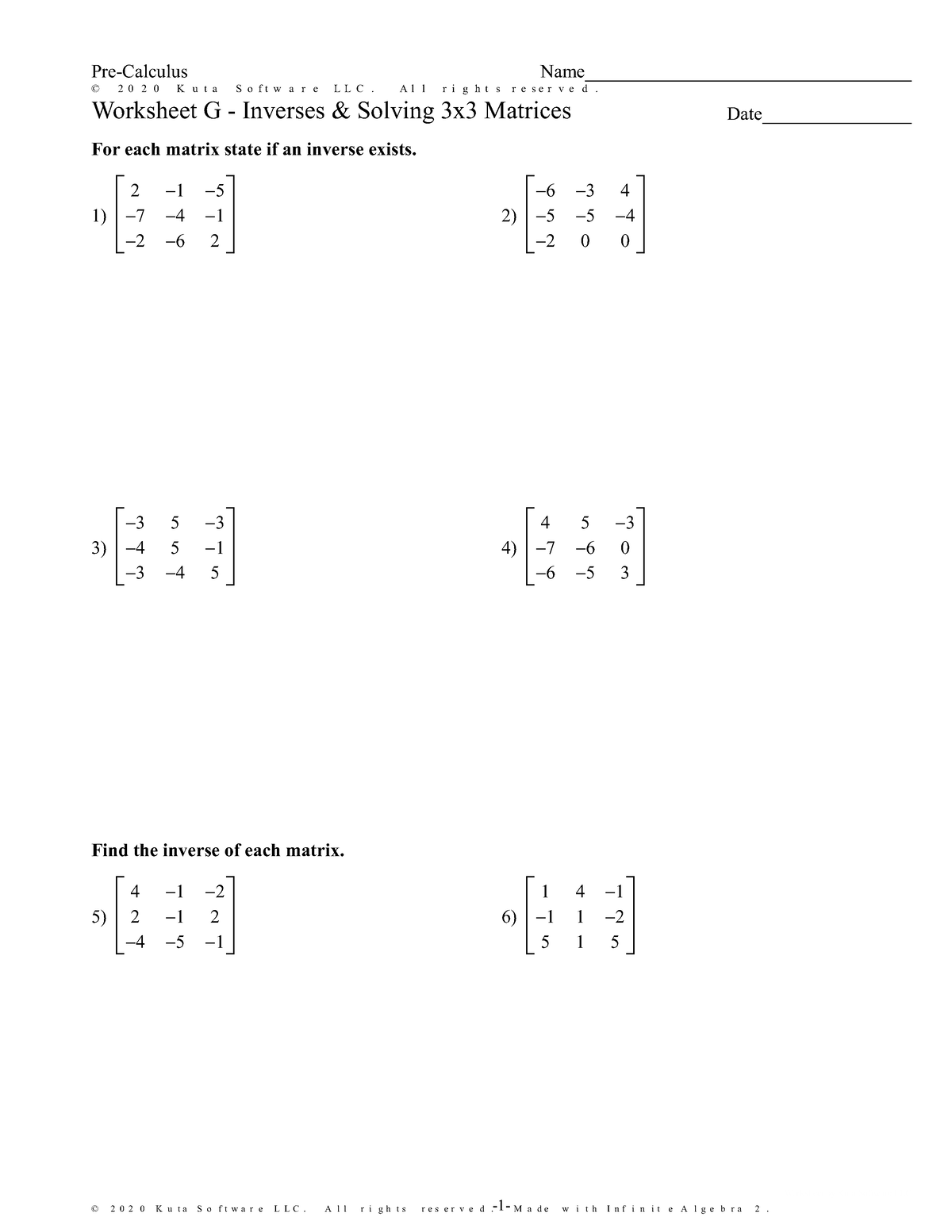 Worksheet G-Inverses Solving 3x3 w Answer KEY - ©b P 2 q 0 z 2 U 0 c ...