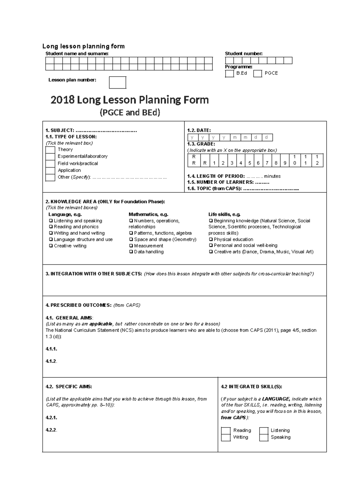 2019 TUKS Long Lesson planning form BEd and PGCE - Long lesson planning ...