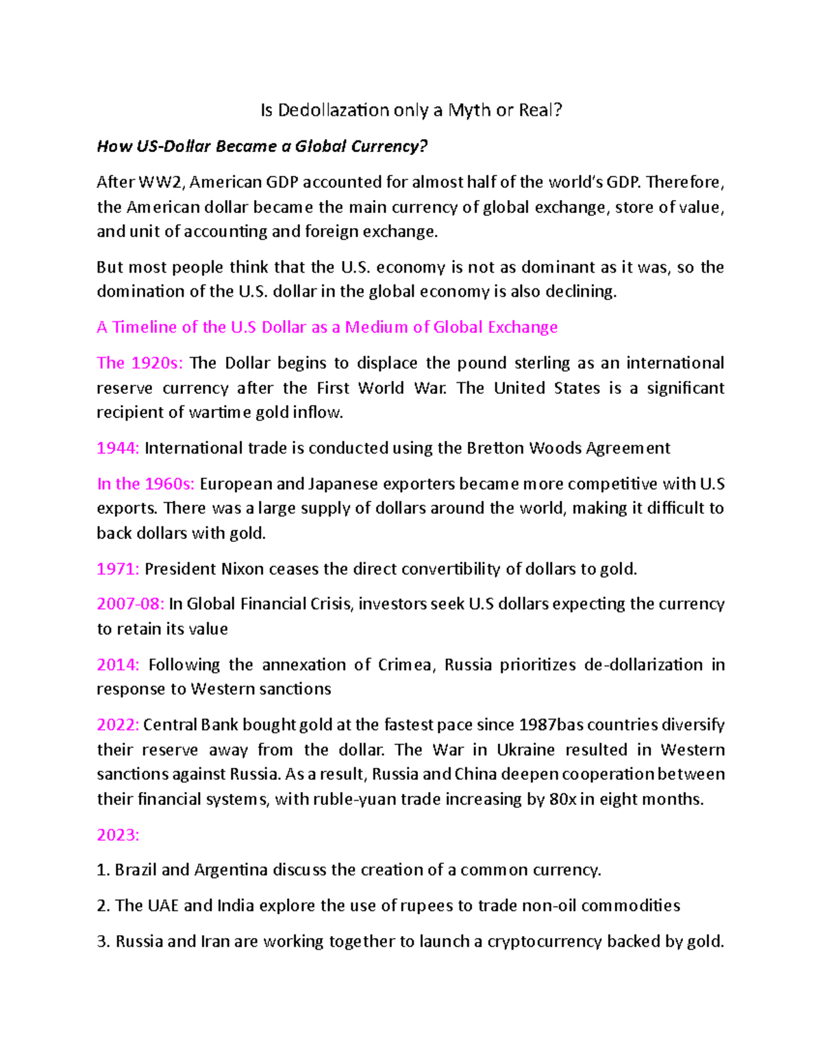 Dedollarization - Is Dedollaza琀椀on only a Myth or Real? How US-Dollar ...