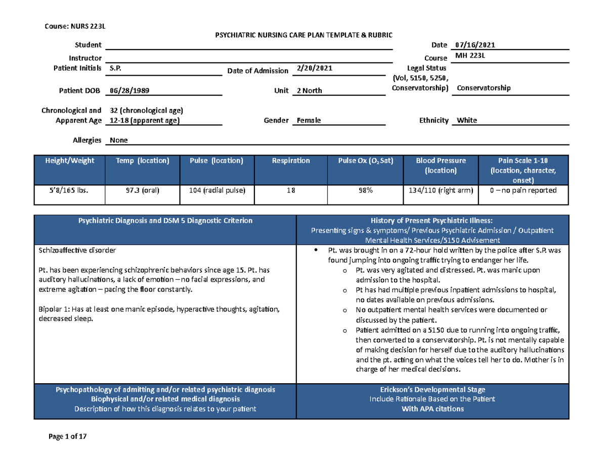 Psychiatric Nursing Care Plan Template