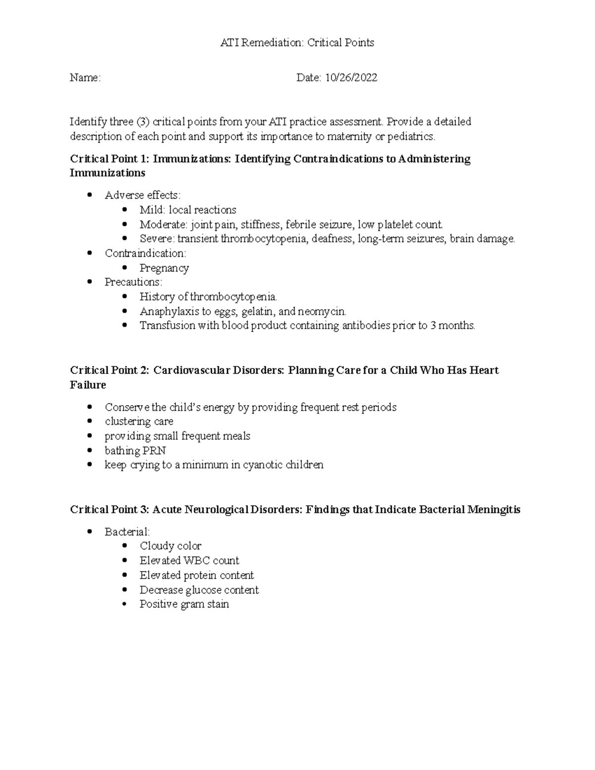 Ati Critical Points Practice A Peds - Ati Remediation: Critical Points 