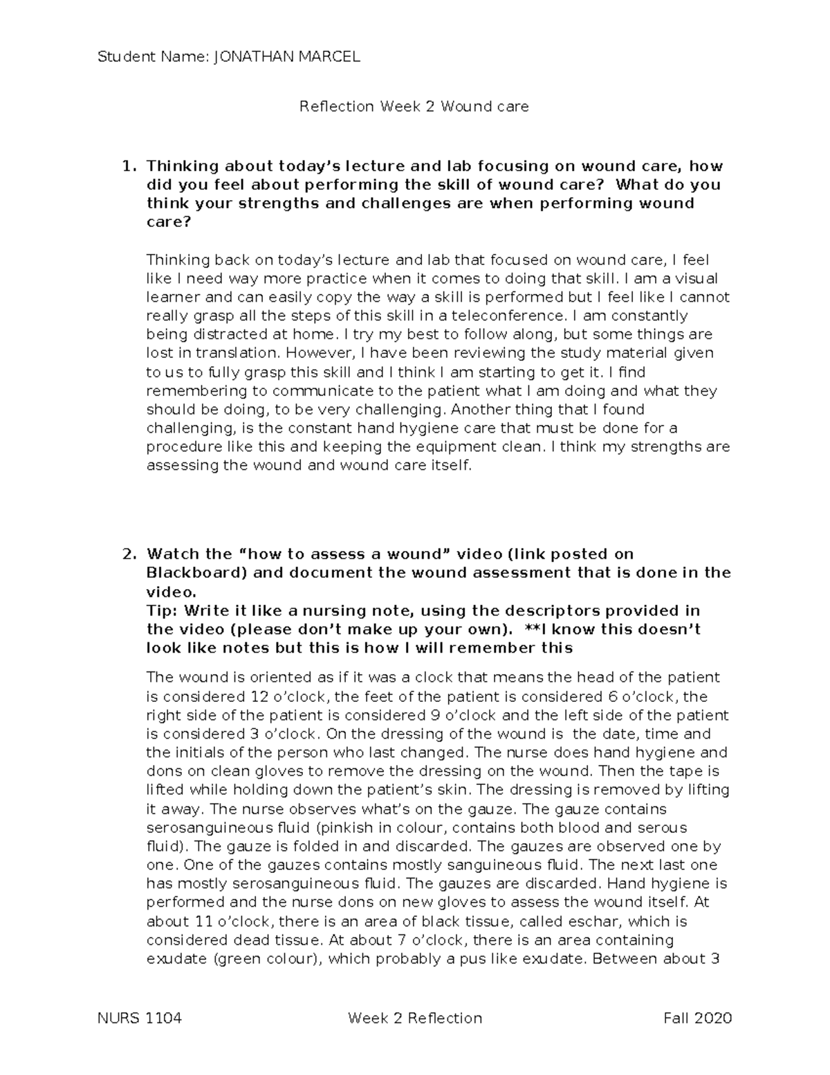 Wound care reflection week 2 Jonathan Marcel Reflection Week 2 Wound