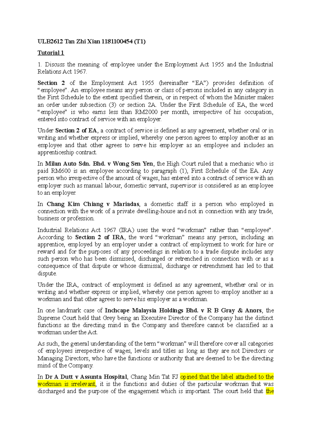 Labour Law Tutorial 1 Employer and Employee Relationship - ULB2612 Tan ...