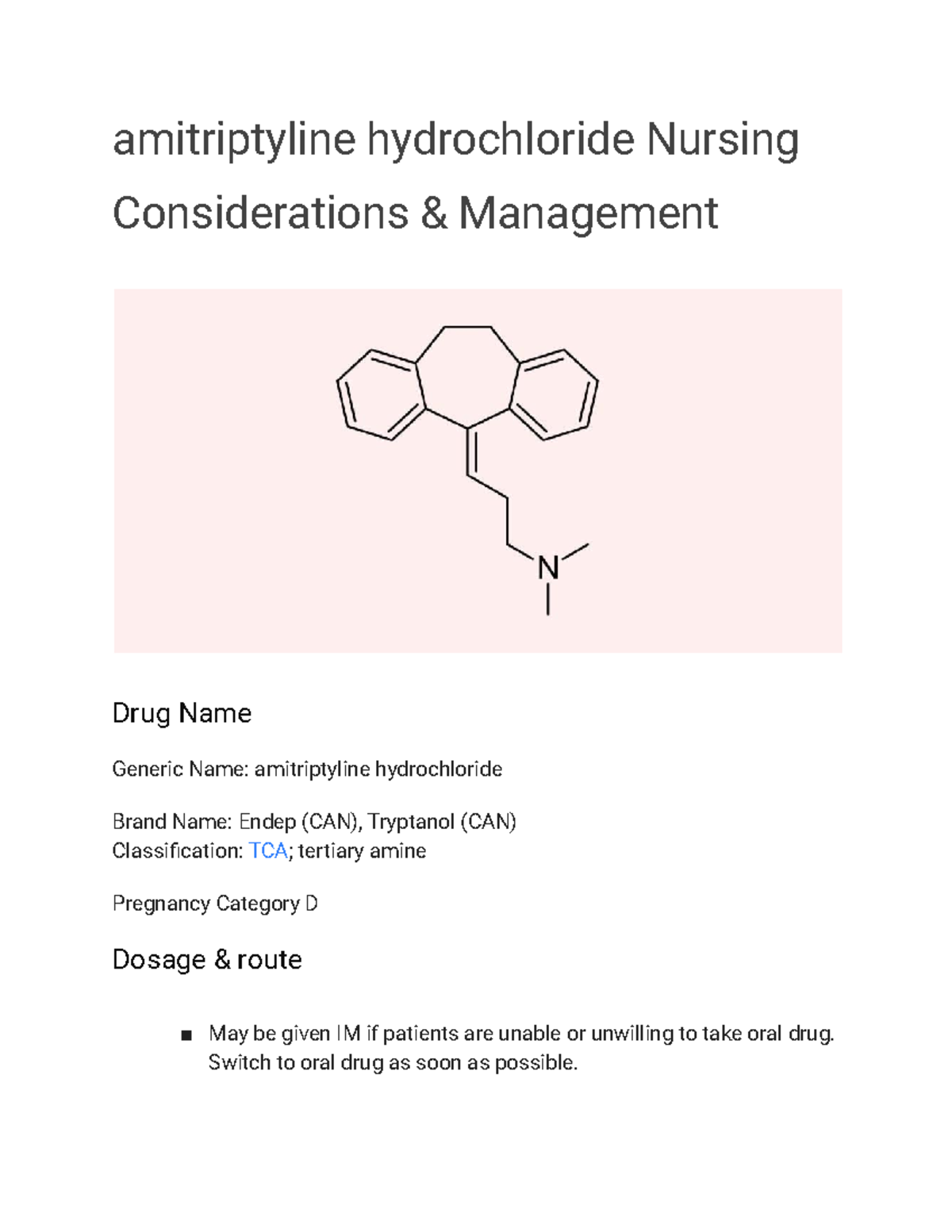 Untitled document (36) - amitriptyline hydrochloride Nursing Considerations  & Management Drug - Studocu