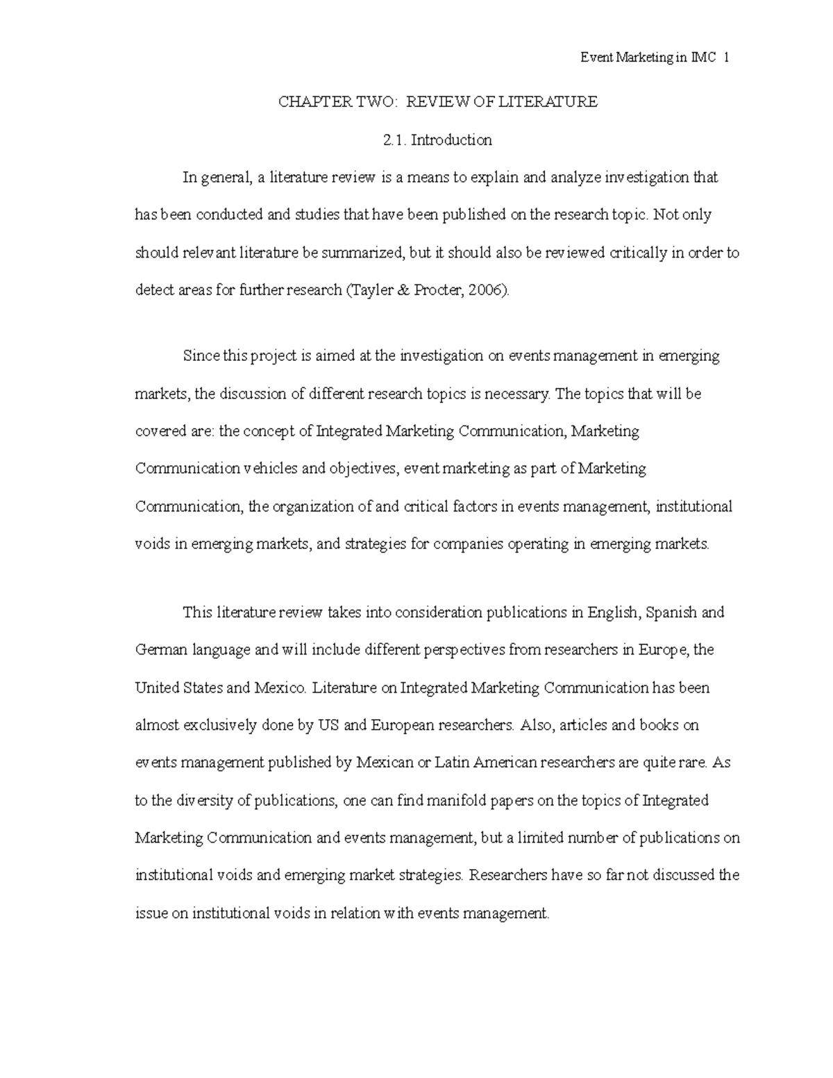Review of literature - Event Marketing in IMC 1 CHAPTER TWO: REVIEW OF ...