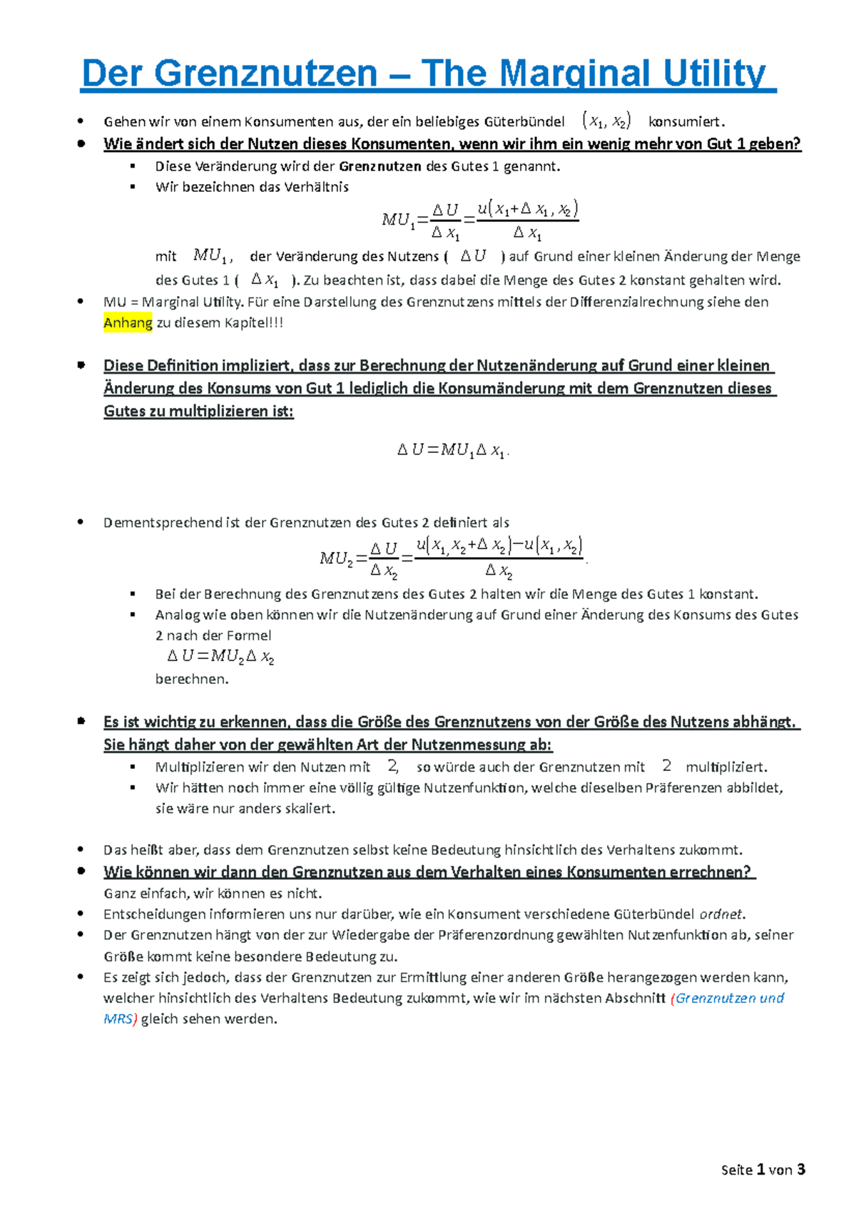 Der Grenznutzen The Marginal Utility Wie ändert sich der Nutzen