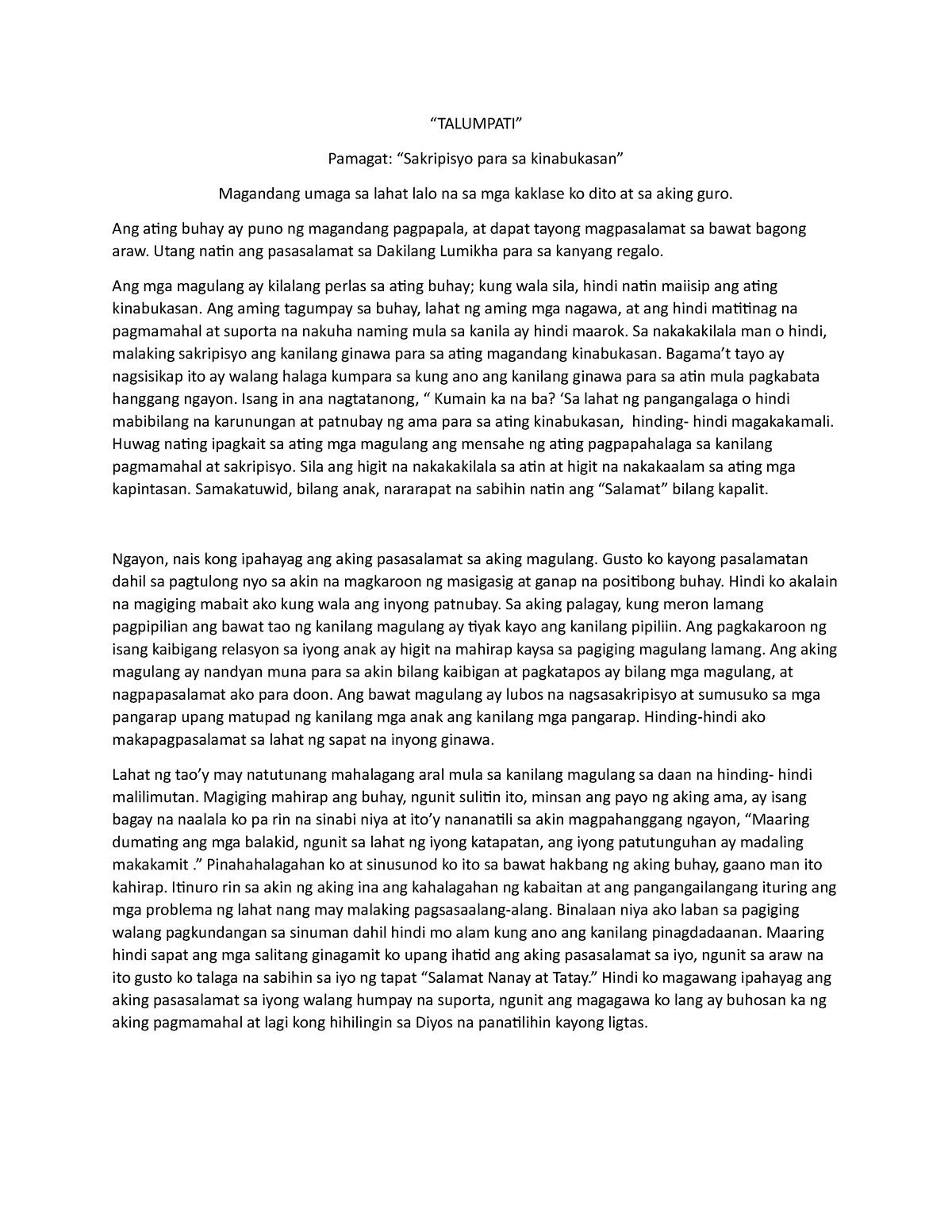 Talumpati Dhjs “talumpati” Pamagat “sakripisyo Para Sa Kinabukasan” Magandang Umaga Sa 3927