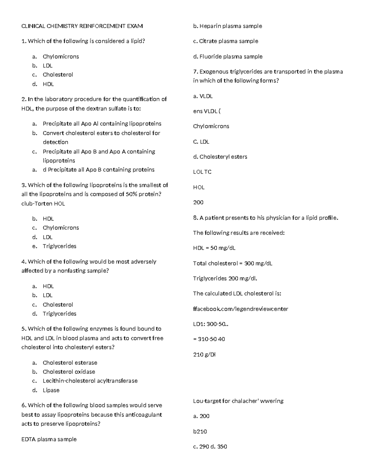 CC Reinforcement - CLINICAL CHEMISTRY REINFORCEMENT EXAM Which of the ...