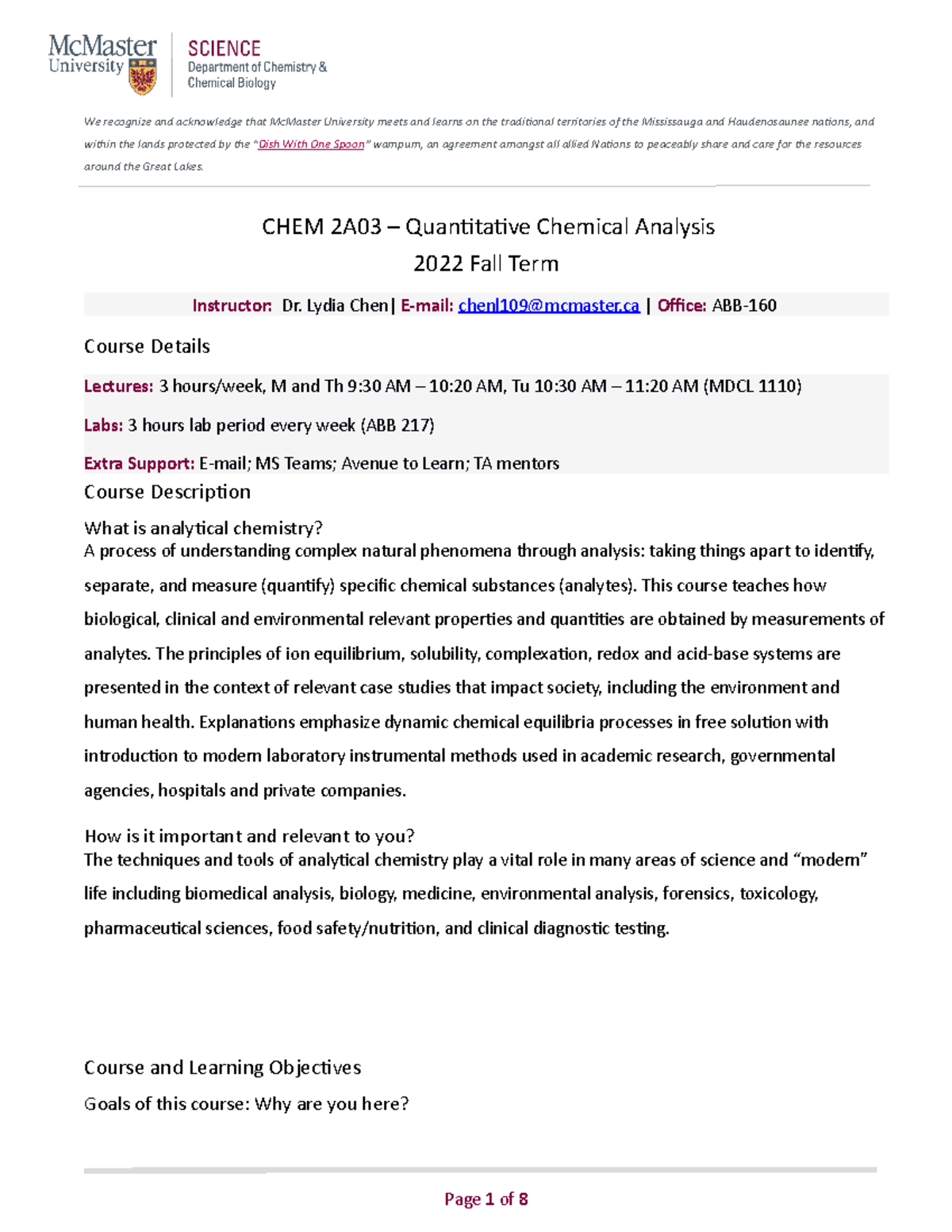 CHEM-2A03 - course outline - We recognize and acknowledge that McMaster ...