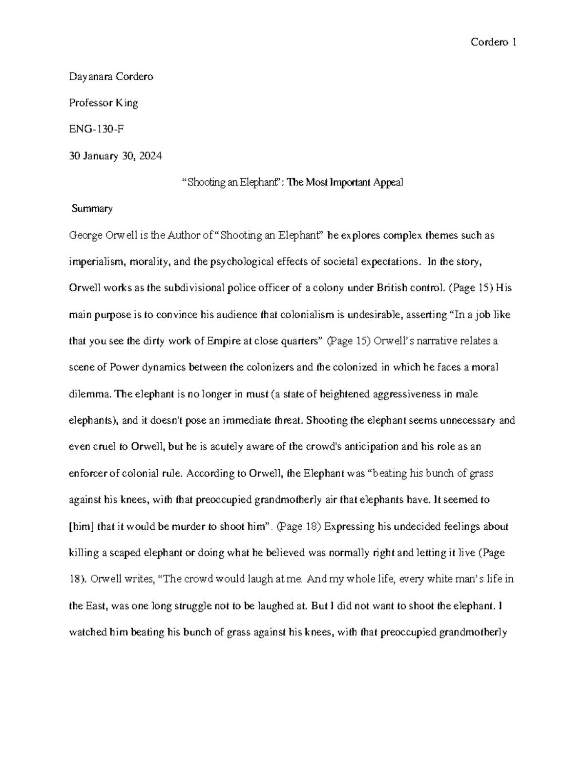 "Shooting an Elephant" Pdf Cordero 1 Dayanara Cordero Professor King