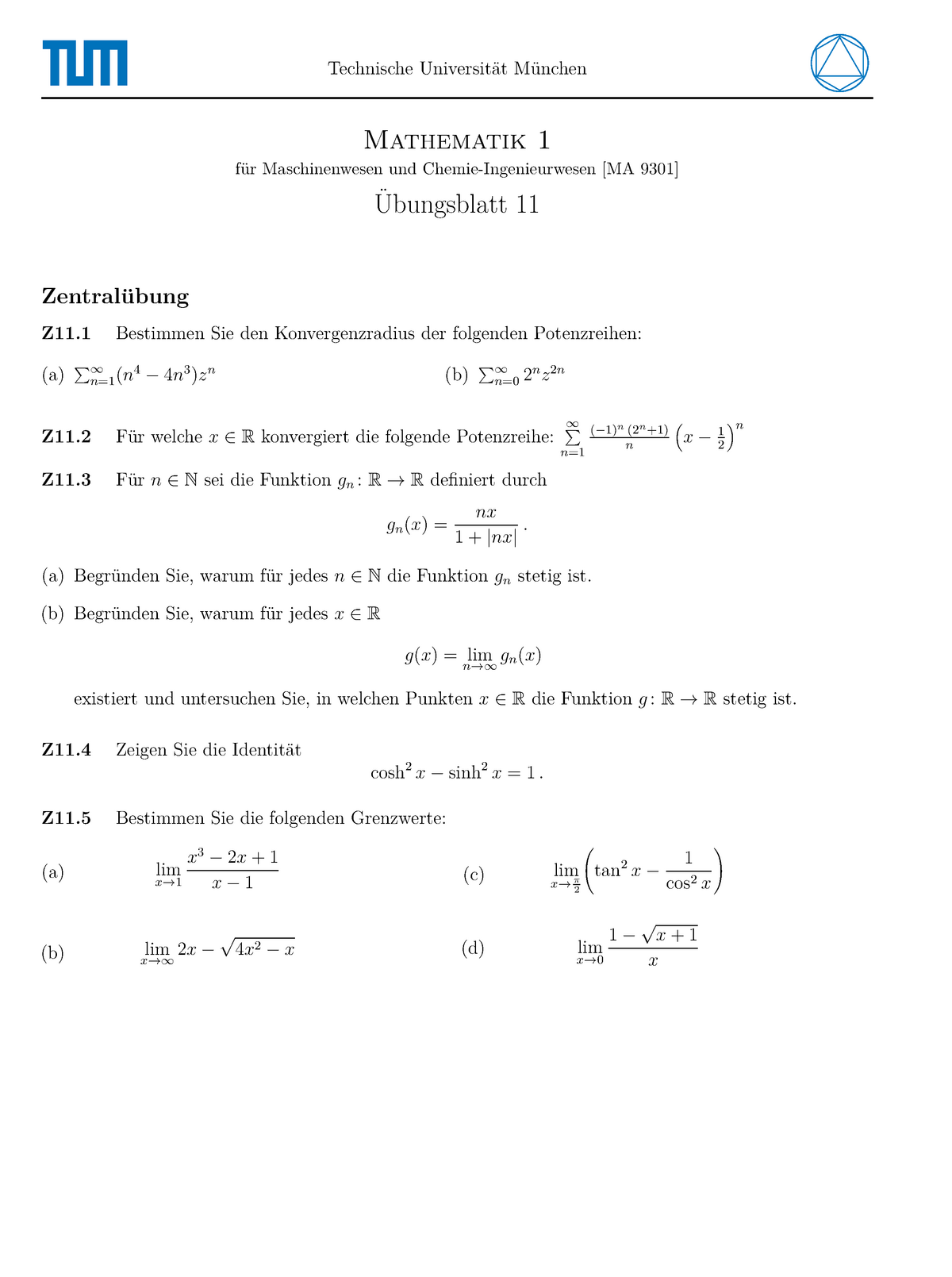 Blatt 11 Aufgaben - Technische Universit ̈at M ̈unchen Mathematik 1 F ...