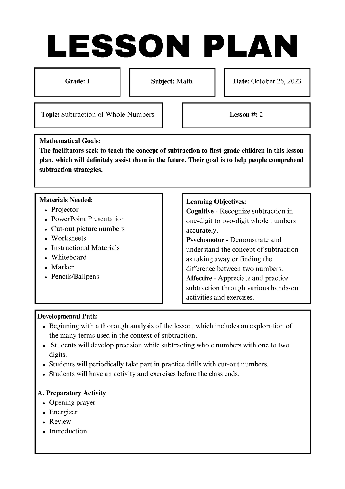 Inbound 7717926477857745984 - Lesson Plan Grade: 1 Subject: Math Date 