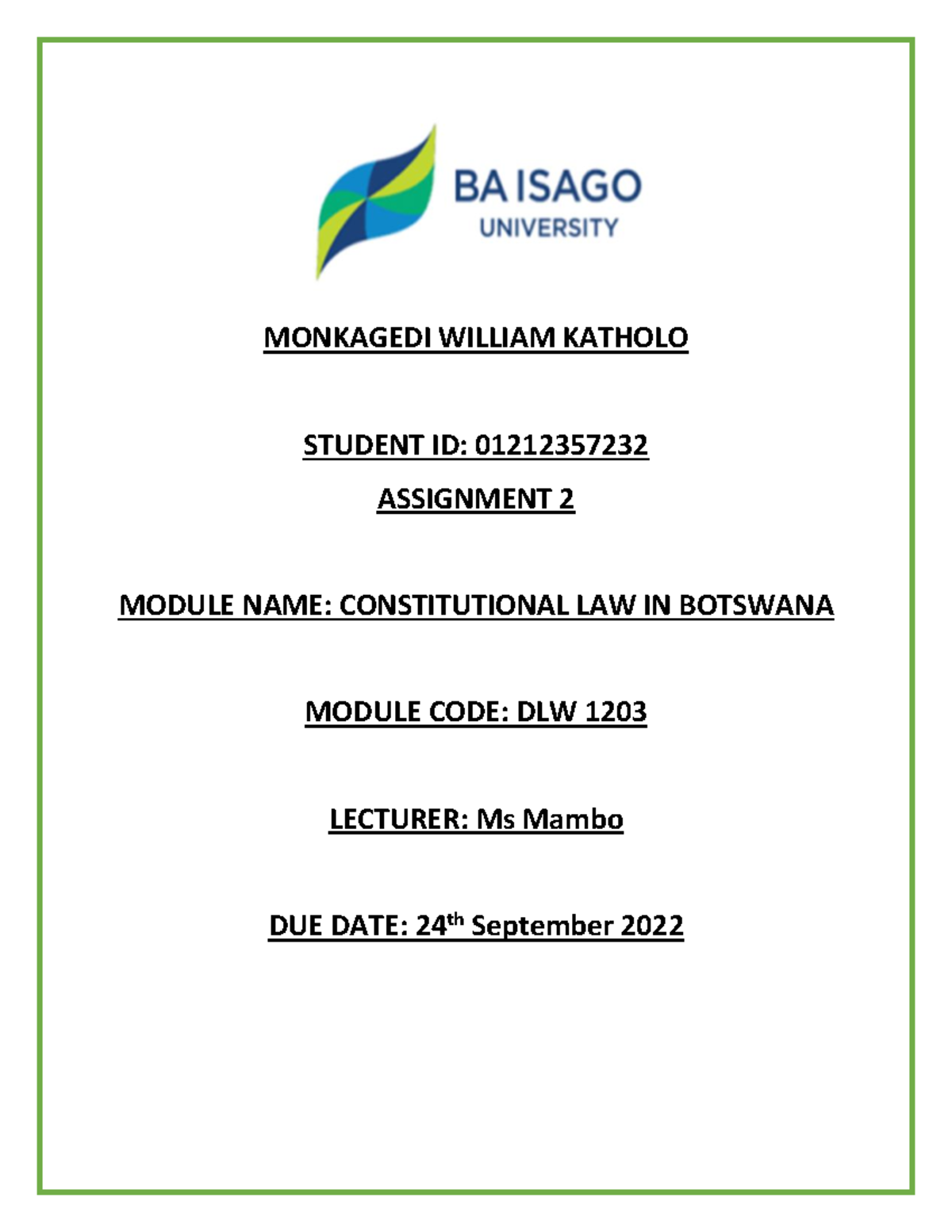 Const. LAW Assgn 2 PDF - ferg - MONKAGEDI WILLIAM KATHOLO STUDENT ID ...