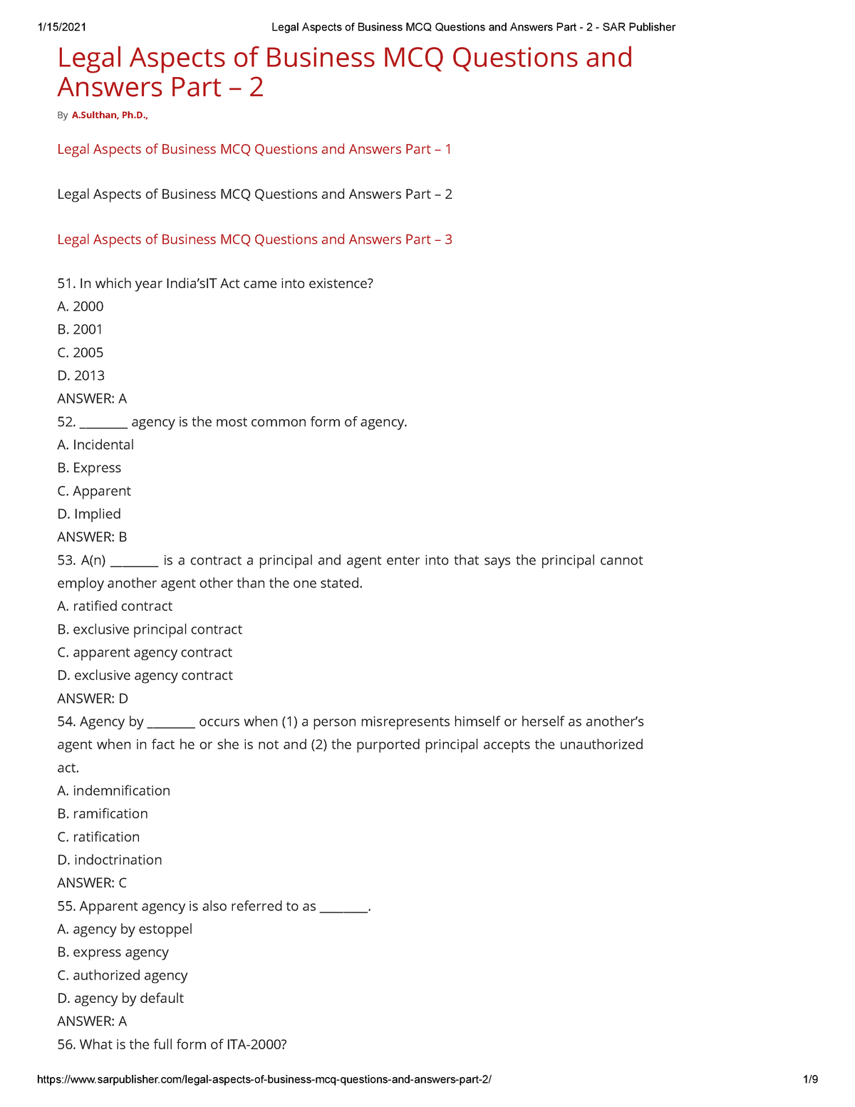 Legal Aspects Of Business Mcq Questions And Answers Part 2 Sar Publisher Legal Aspects Of Studocu