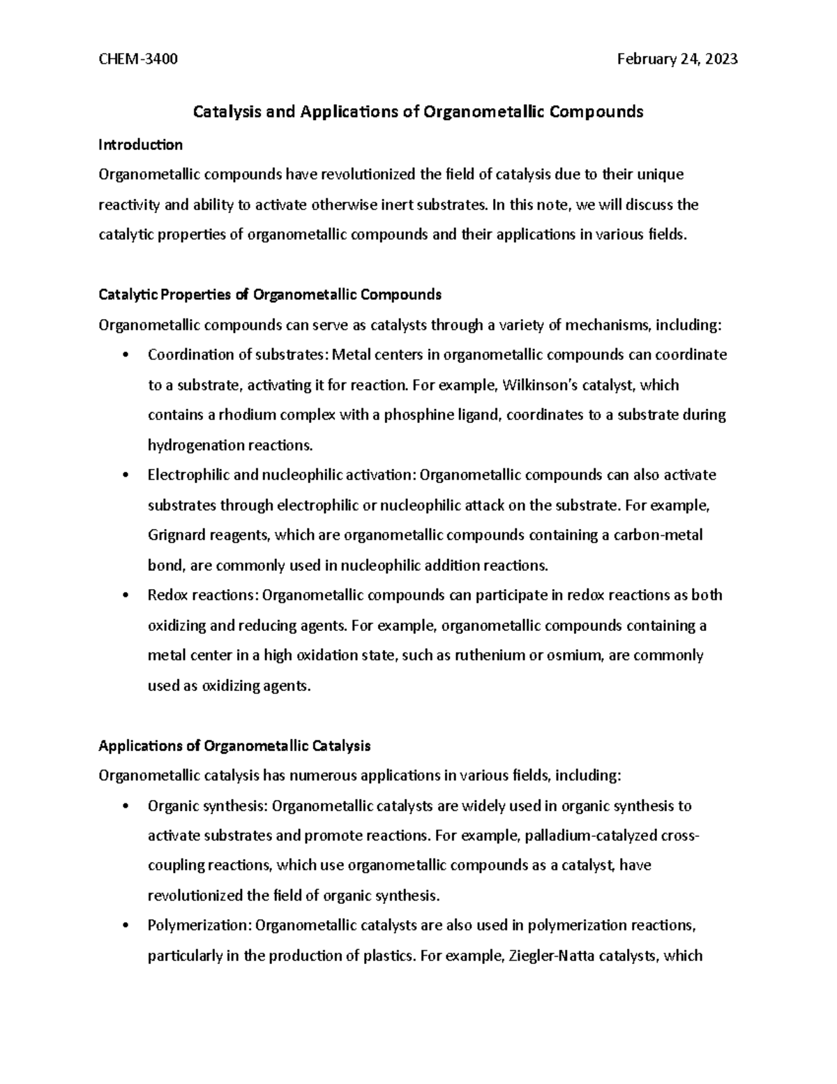 Catalysis and Applications of Organometallic Compounds CHEM3400