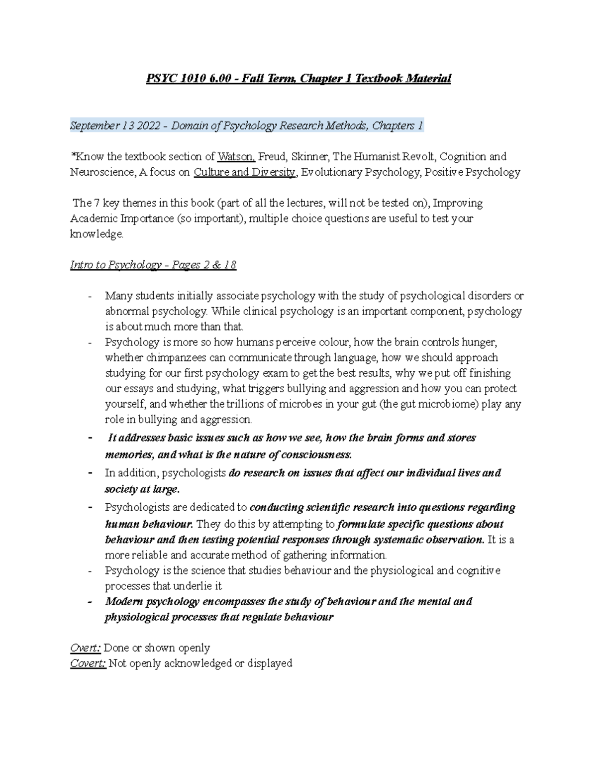 PSYC 1010 - CH 1 Textbook Material - PSYC 1010 6 - Fall Term, Chapter 1 ...