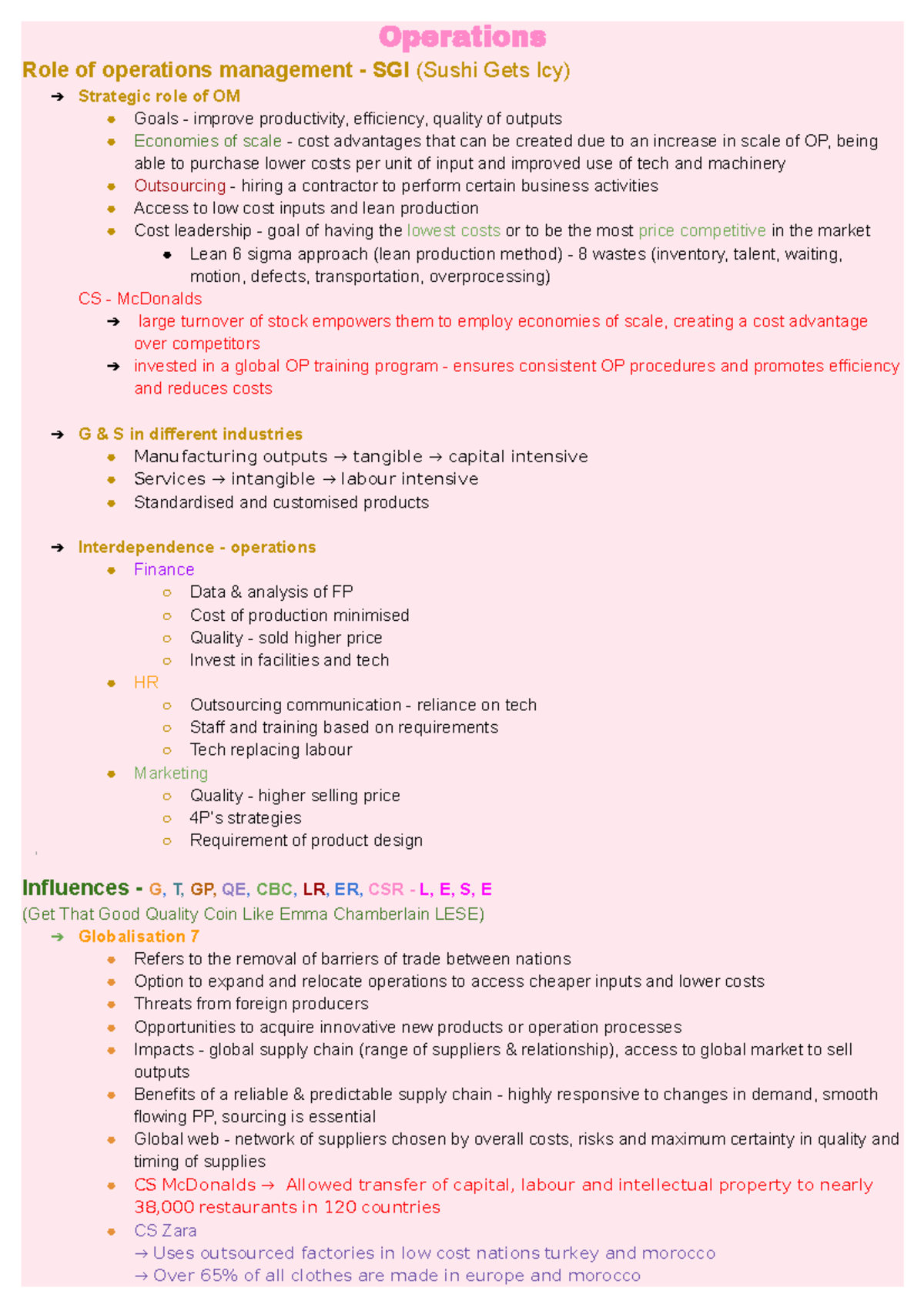 Operations notes ari - HSC Business Studies - Operations Role of ...