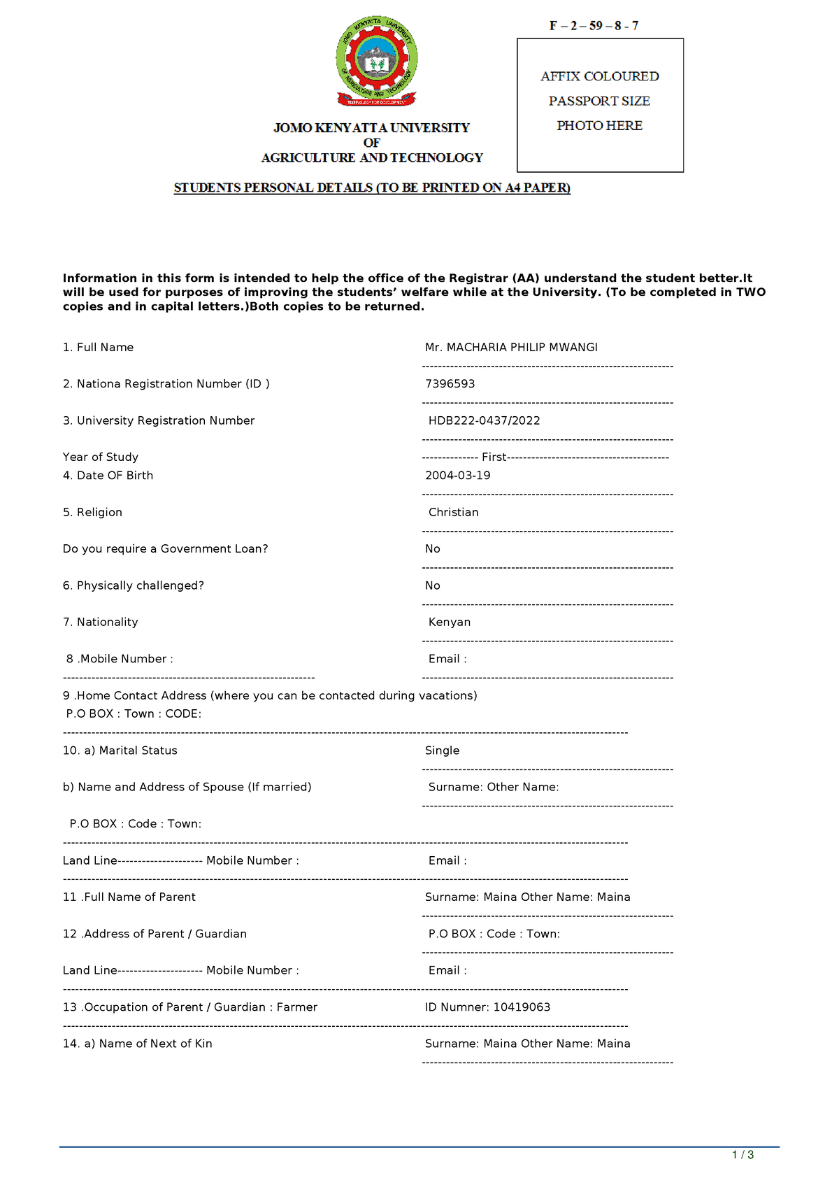 Jkuat Personal Details Mon-Aug-2022 - Information in this form is ...