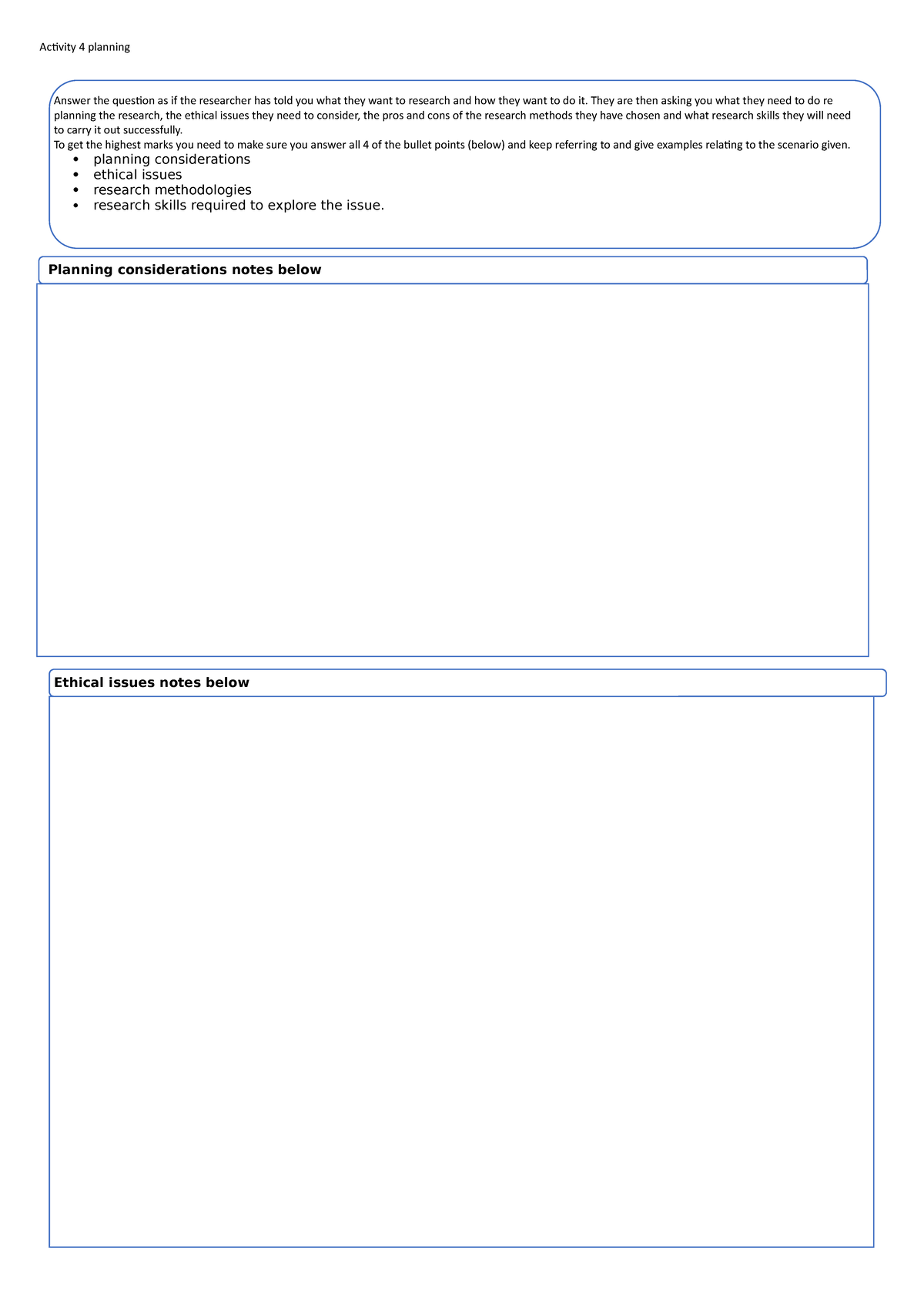 Activity 4 planning sheet - Activity 4 planning Answer the question as ...