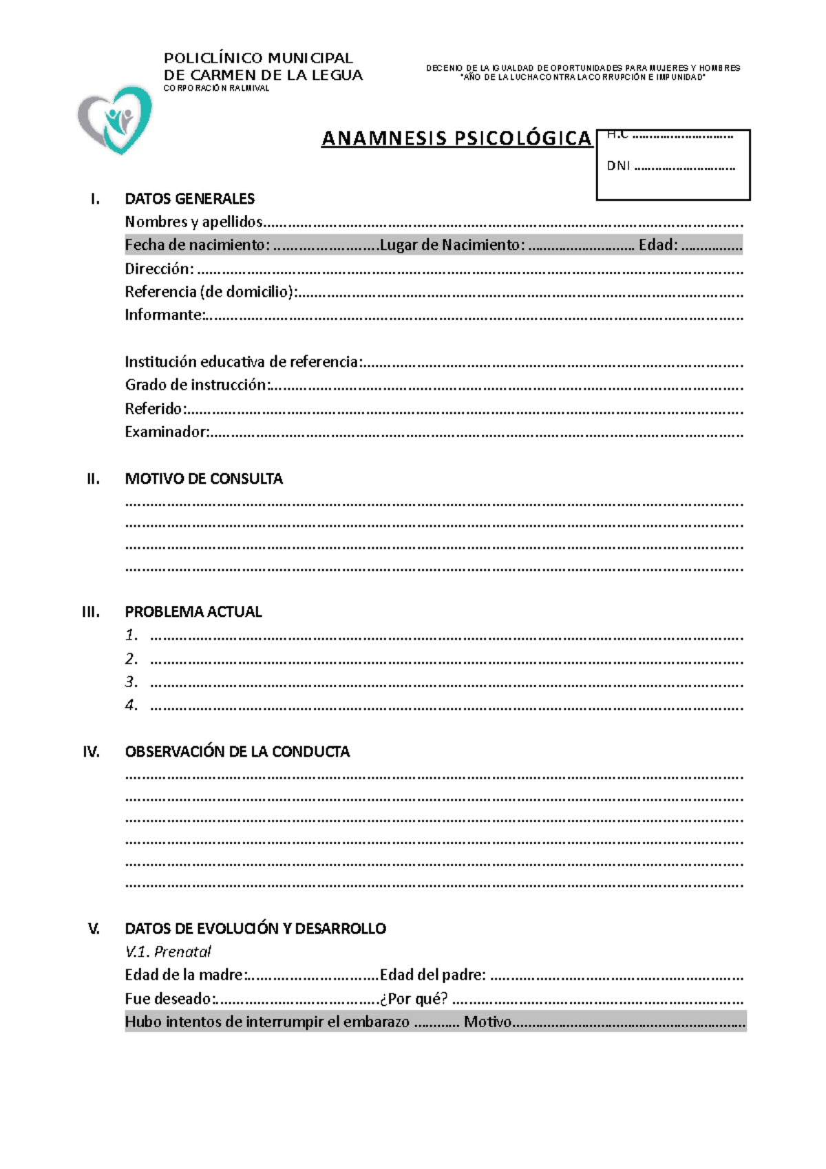 Anamnesis Psicológica - PARA Informe Integral - ANAMNESIS PSICOLÓGICA I ...